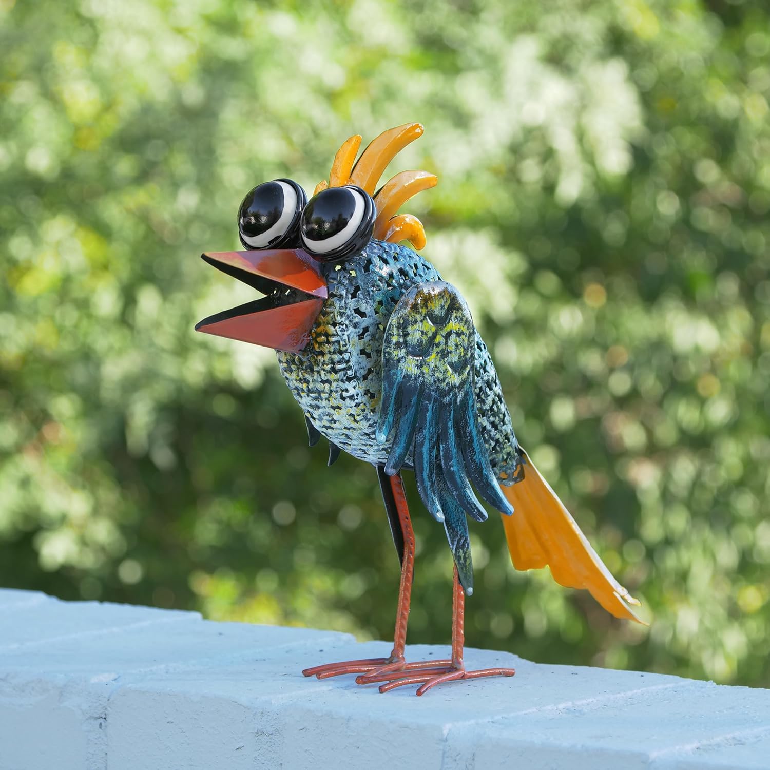 11" Tall Outdoor Metal Wide-Eyed Bird Standing Yard Statue Decoration