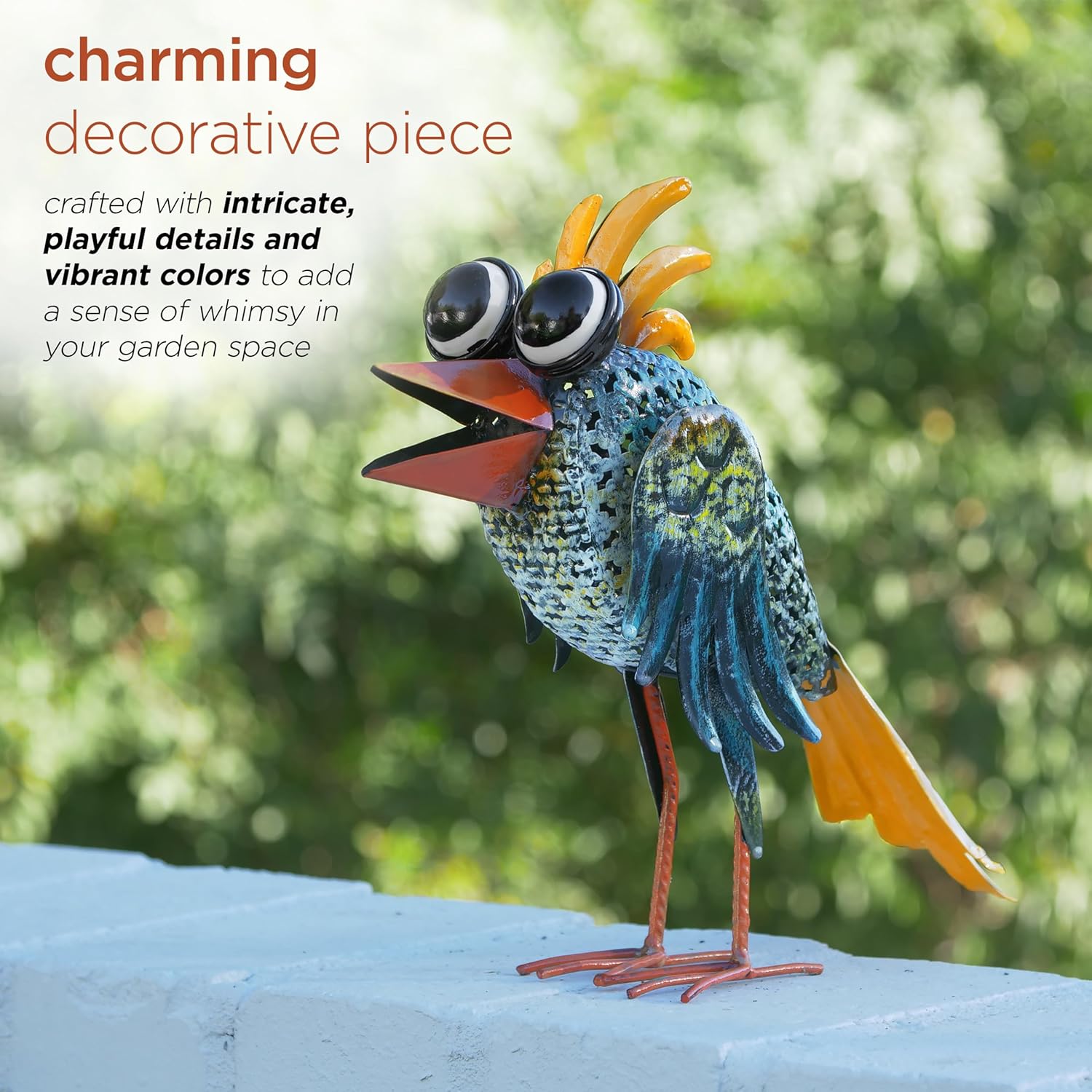 11" Tall Outdoor Metal Wide-Eyed Bird Standing Yard Statue Decoration