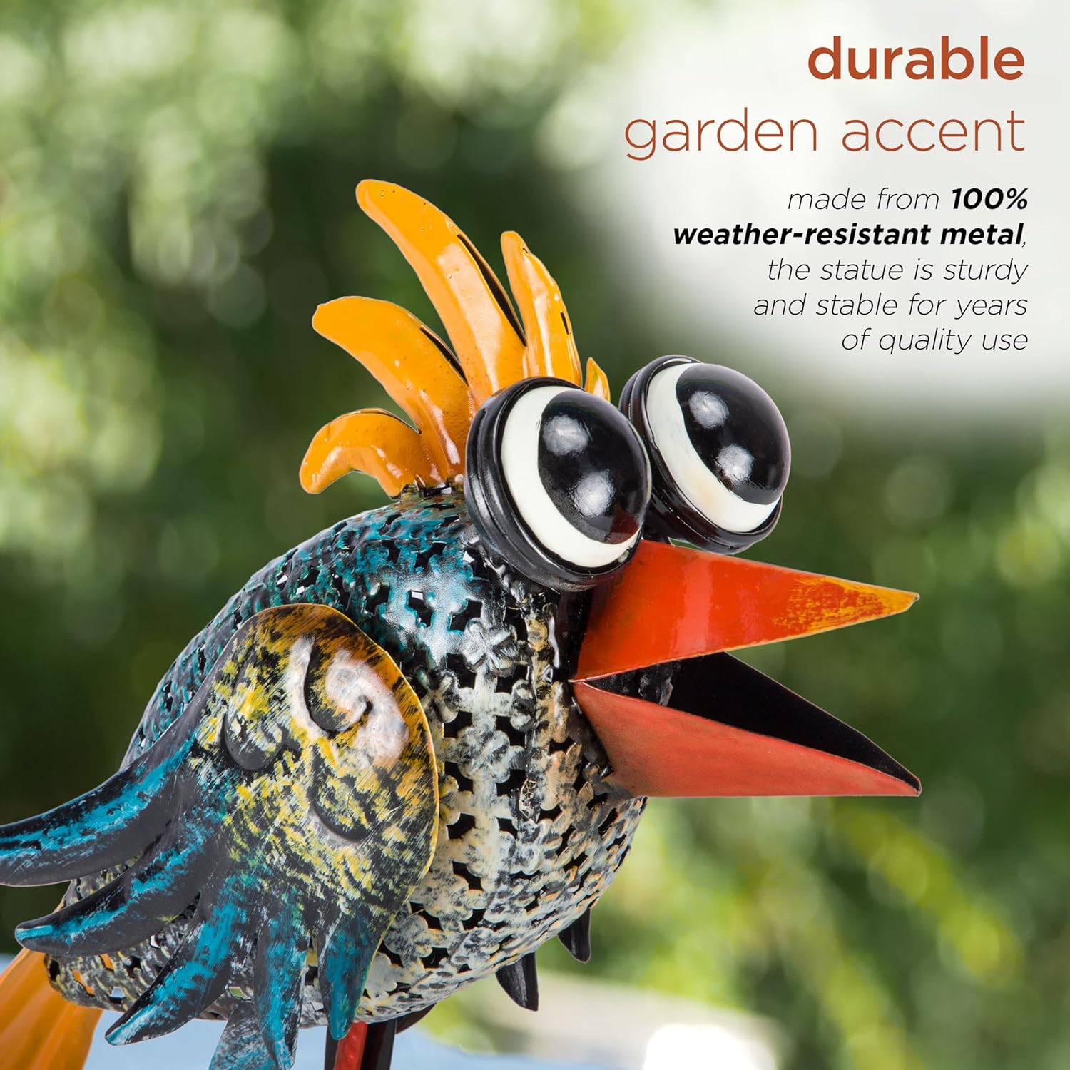 11" Tall Outdoor Metal Wide-Eyed Bird Standing Yard Statue Decoration