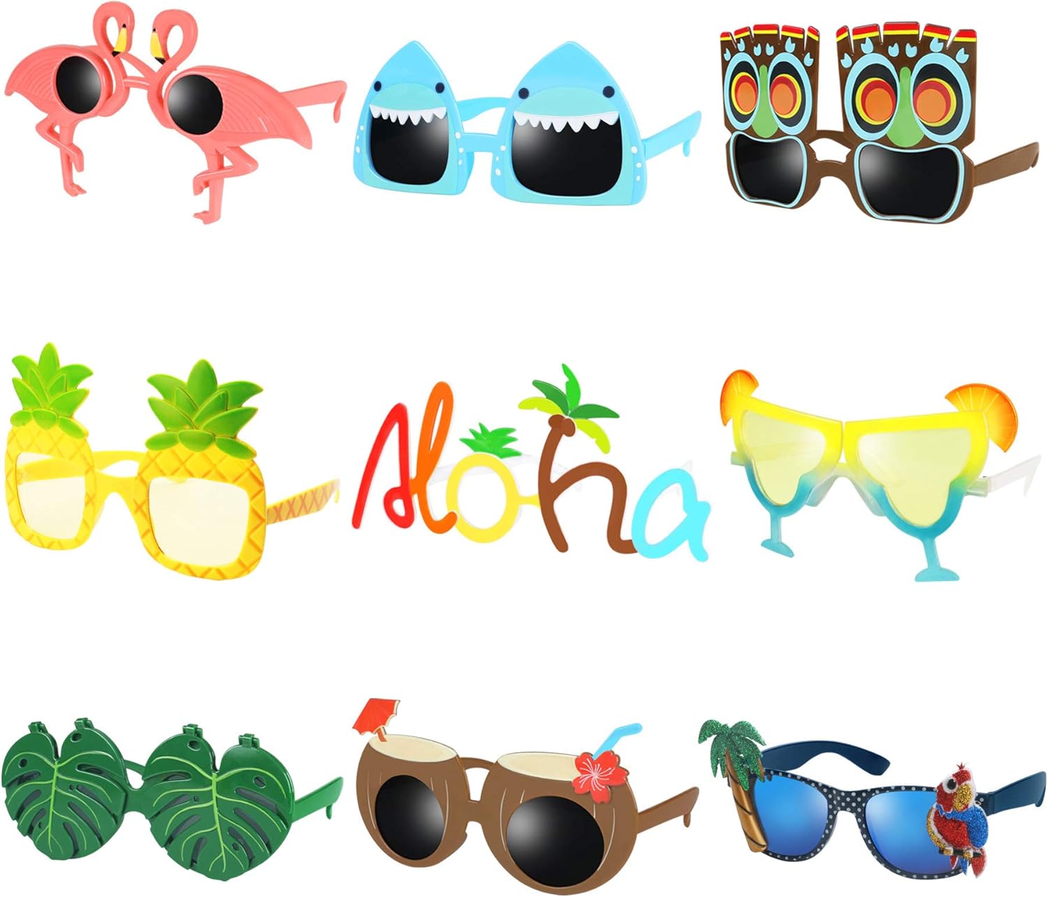 9 Pairs Funny Hawaiian Glasses, Tropical Fancy Dress Props, Fun Summer