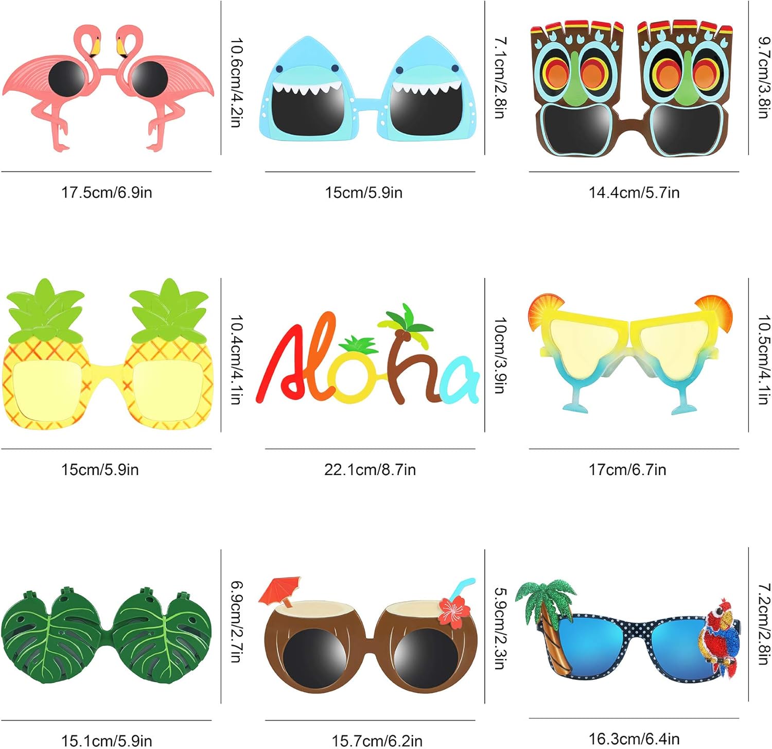9 Pairs Funny Hawaiian Glasses, Tropical Fancy Dress Props, Fun Summer