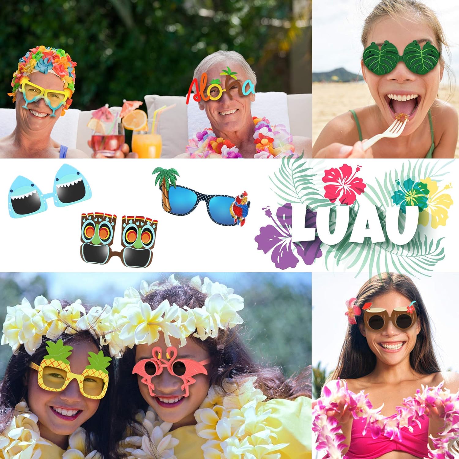 9 Pairs Funny Hawaiian Glasses, Tropical Fancy Dress Props, Fun Summer