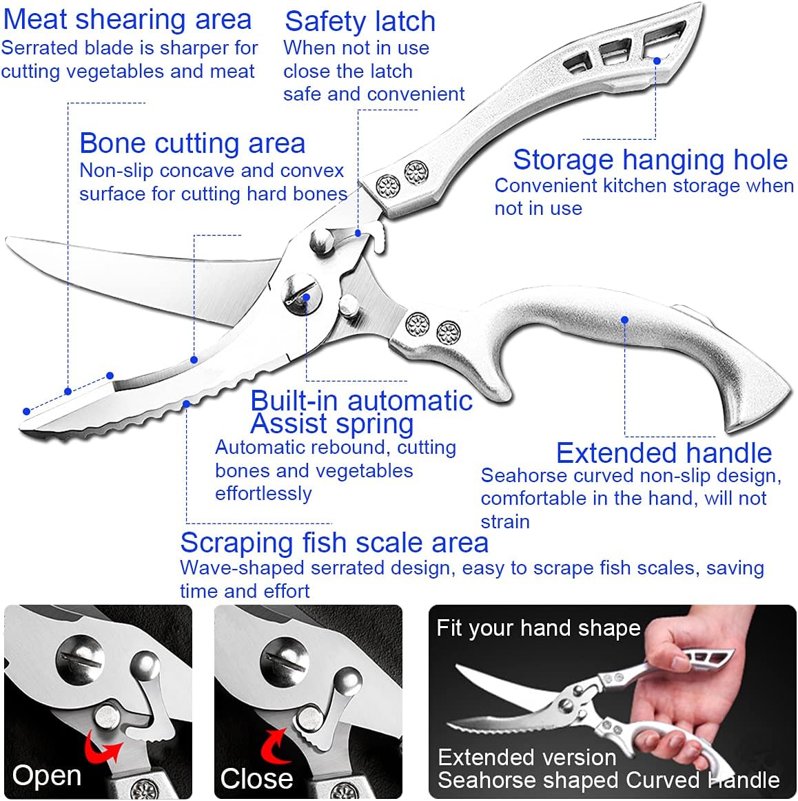Professional Heavy Duty Kitchen Scissors - Spring Loaded Ultra Sharp Stainless Steel Multipurpose