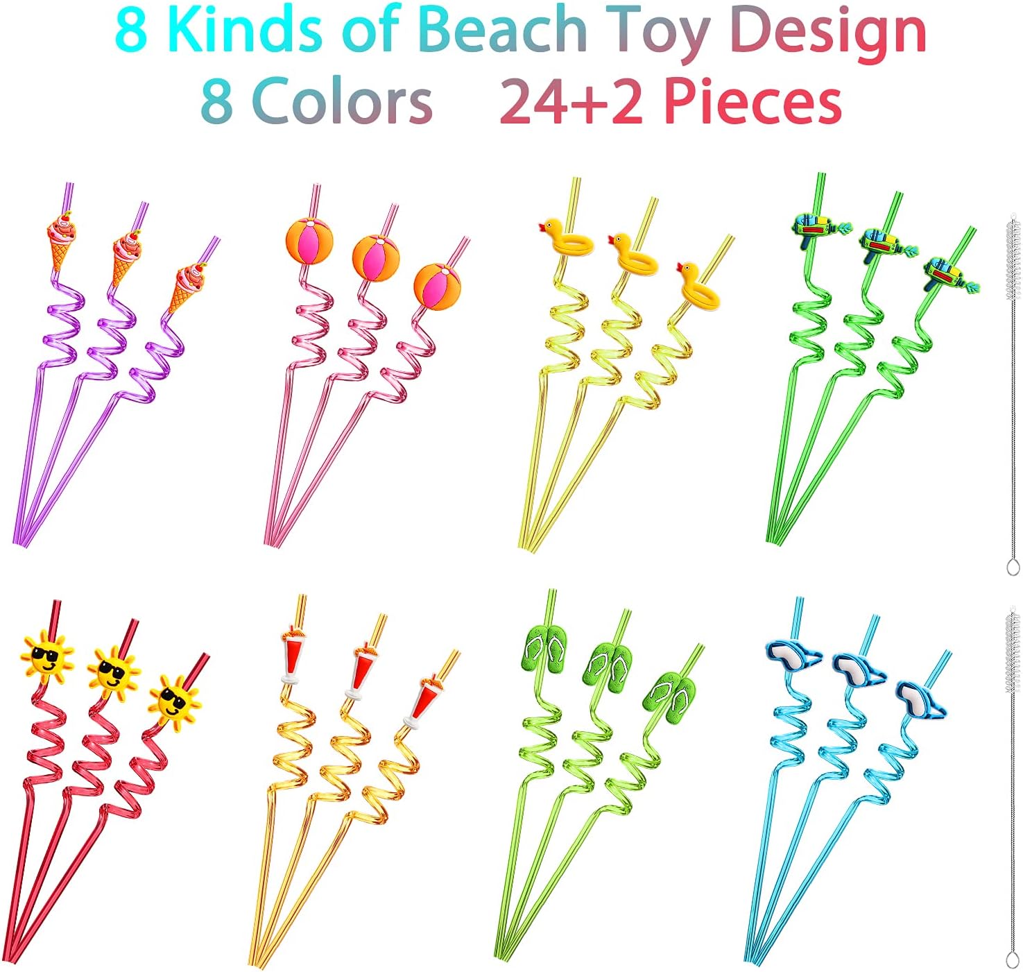 24 Beach Drinking Crazy Silly Straws for Kids Beach Ball Pool Summer  with 2 PCS Cleaning Brushes
