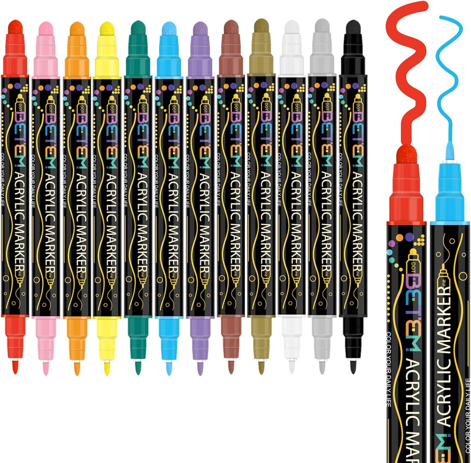 12 Colors Dual Tip Acrylic Paint Pens Markers, Premium Acrylic Paint Pens