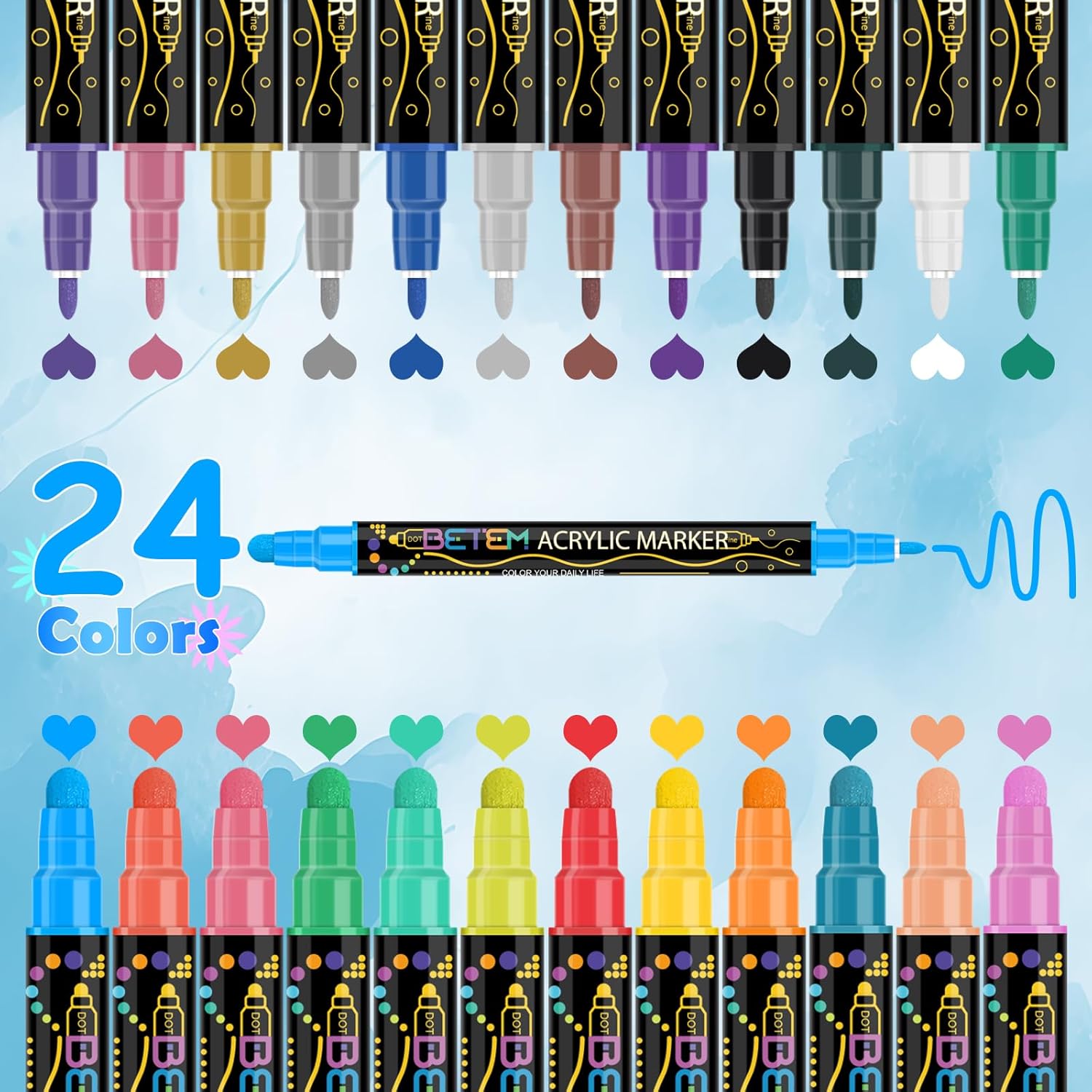 24 Colors Dual Tip Acrylic Paint Pens Markers, Premium Acrylic Paint Pens