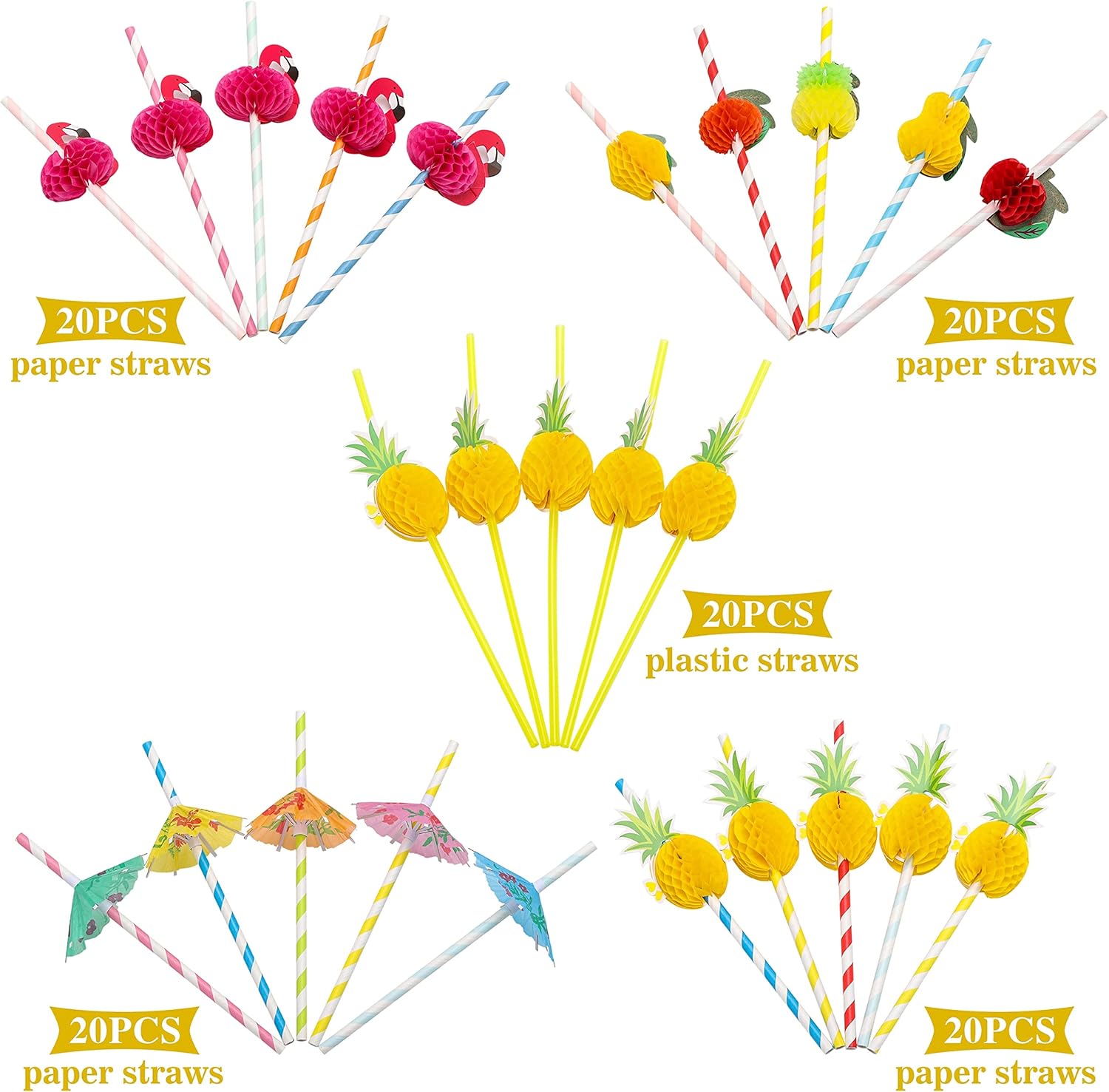 100PCS Flamingo Fruit Paper Straws,Disposable Plastic Drinking Straws - Assorted Colors
