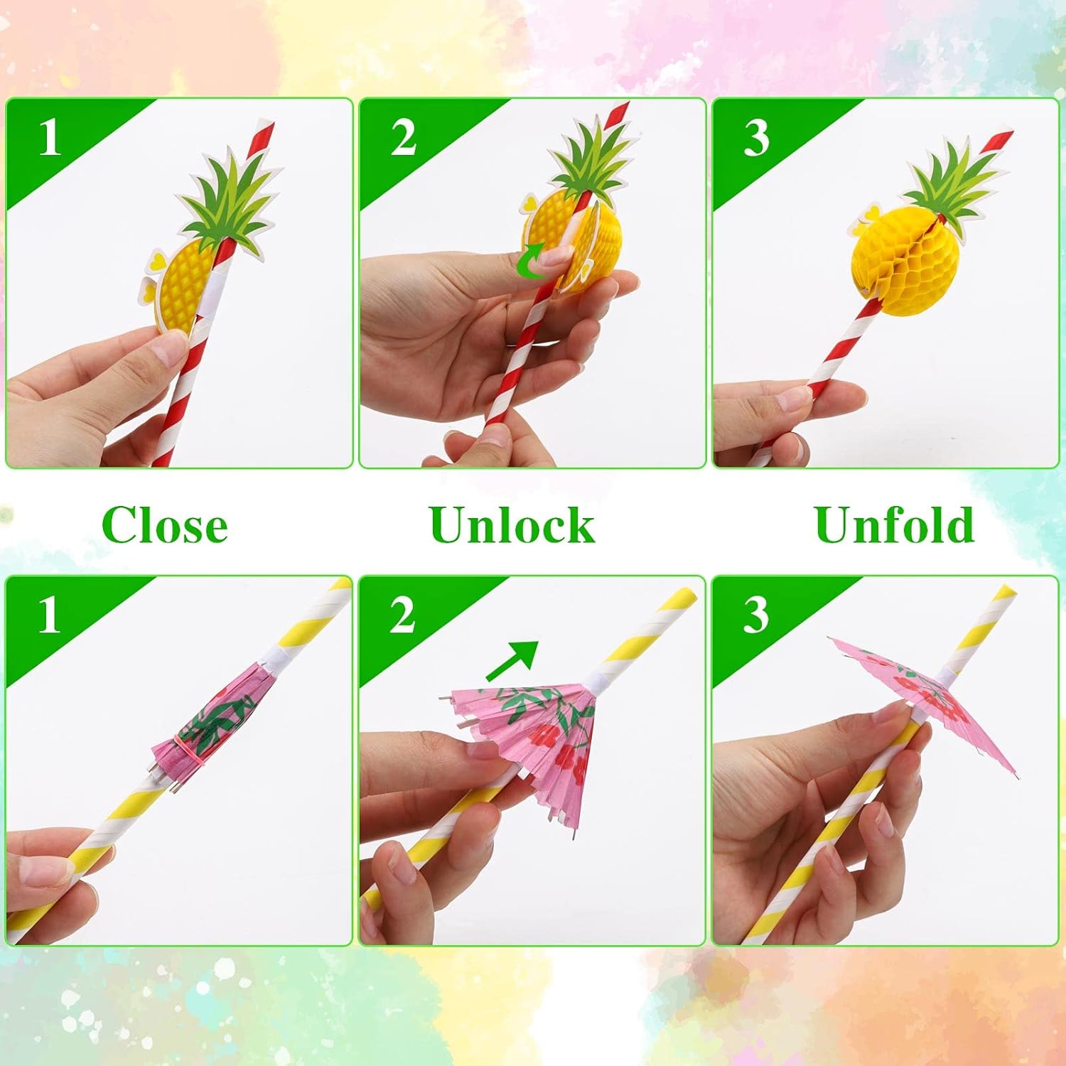 100PCS Flamingo Fruit Paper Straws,Disposable Plastic Drinking Straws - Assorted Colors