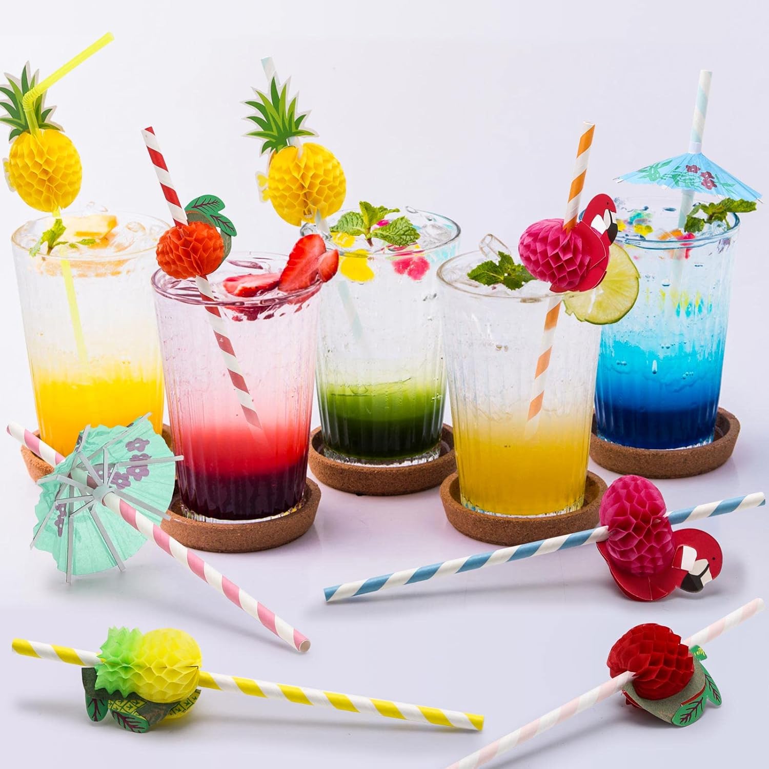 100PCS Flamingo Fruit Paper Straws,Disposable Plastic Drinking Straws - Assorted Colors