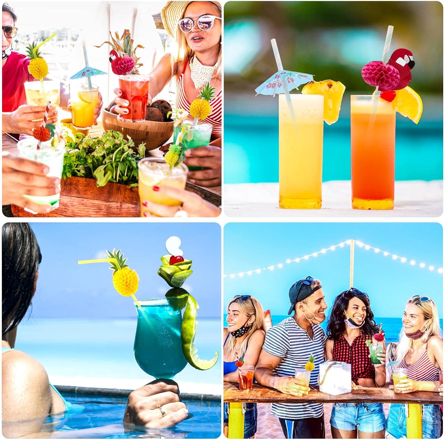 100PCS Flamingo Fruit Paper Straws,Disposable Plastic Drinking Straws - Assorted Colors
