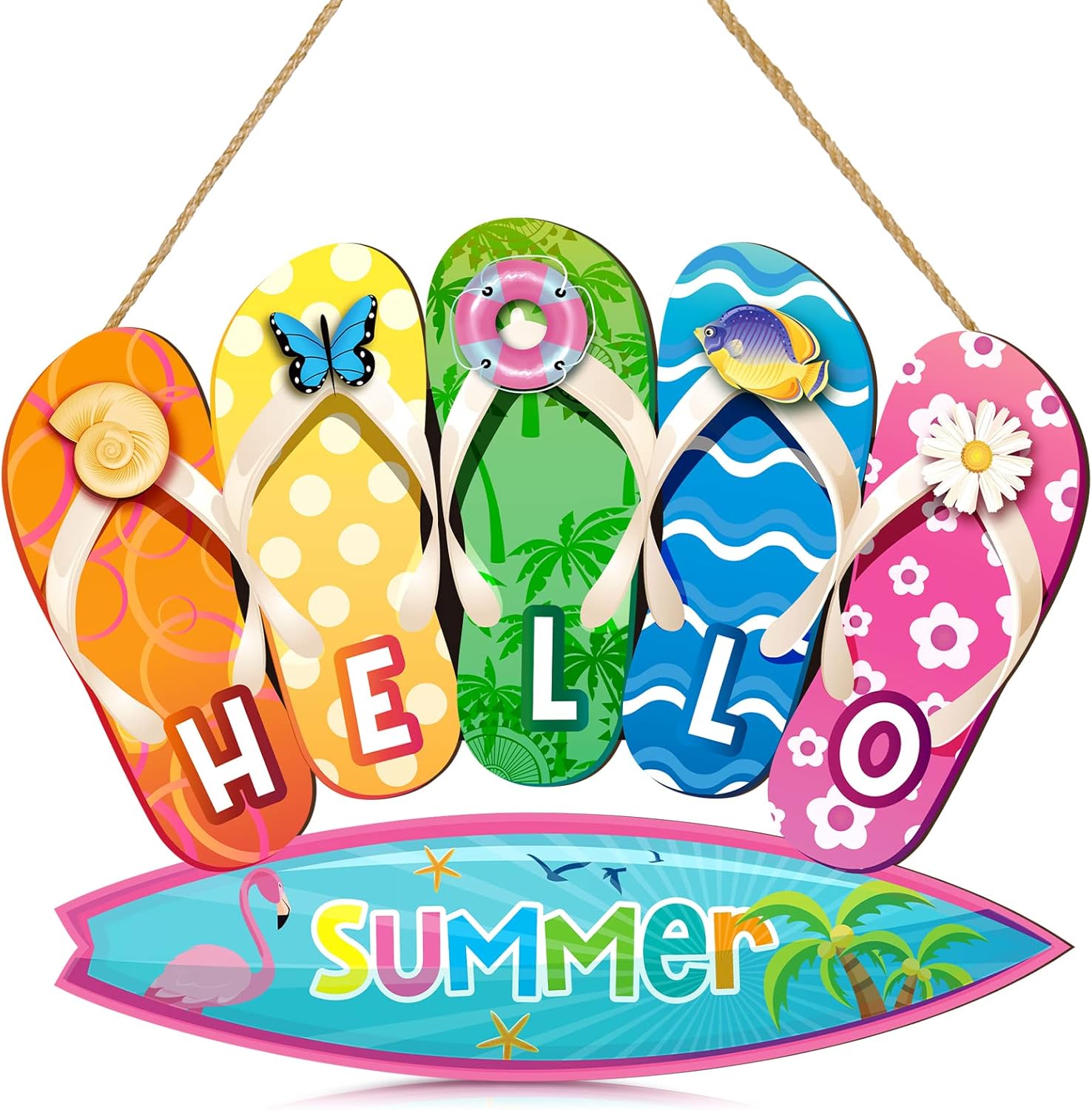 Summer Slippers Hanging Sign Shape Welcome Hello Flip Flop Wooden Door Sign