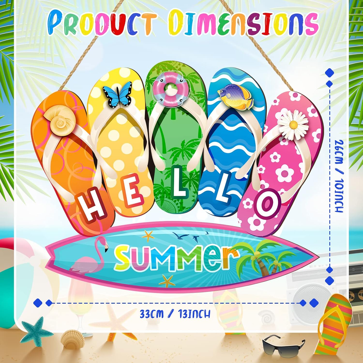 Summer Slippers Hanging Sign Shape Welcome Hello Flip Flop Wooden Door Sign