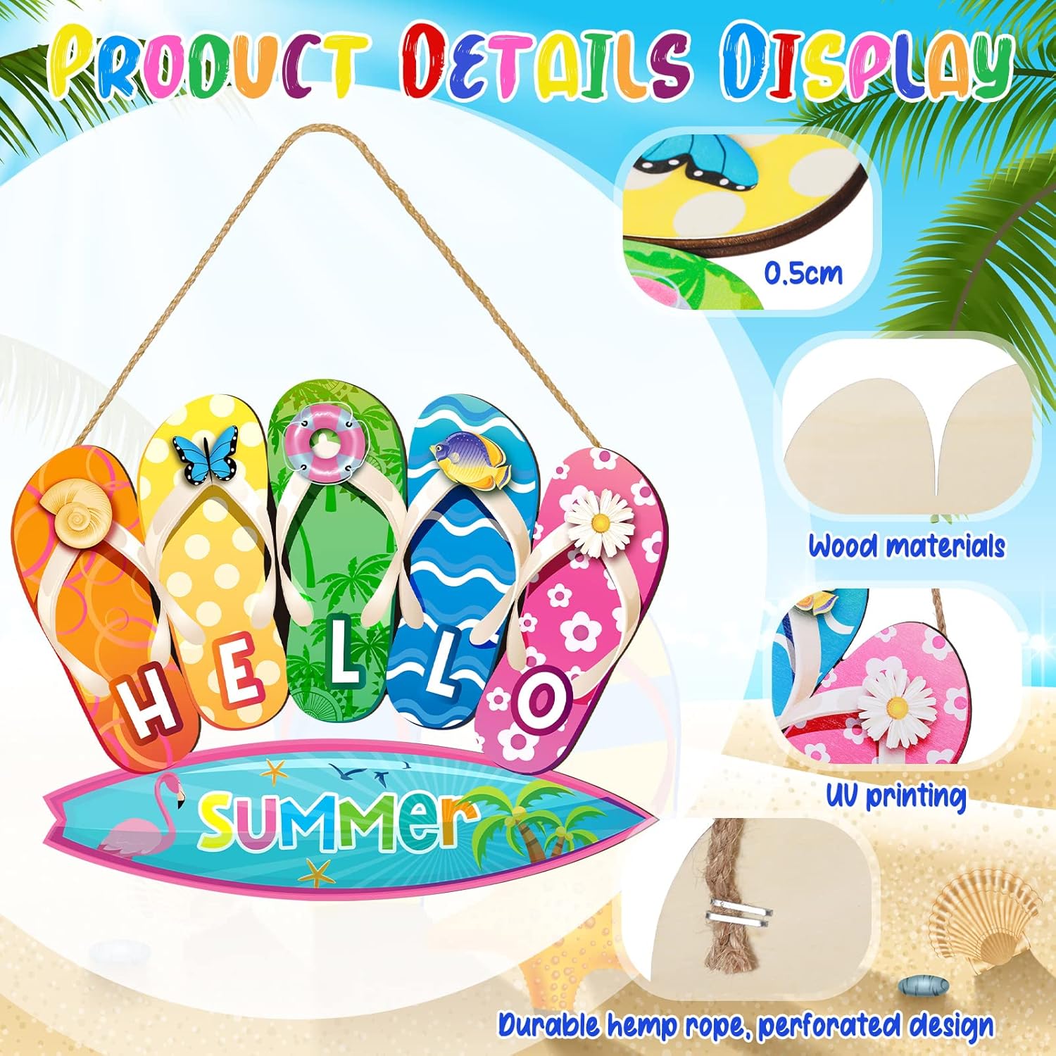 Summer Slippers Hanging Sign Shape Welcome Hello Flip Flop Wooden Door Sign