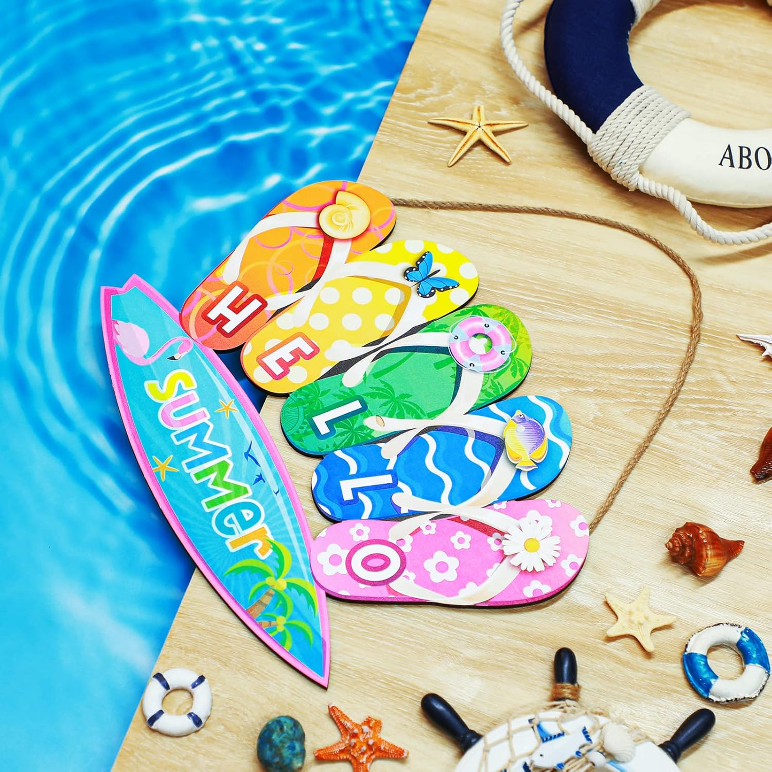Summer Slippers Hanging Sign Shape Welcome Hello Flip Flop Wooden Door Sign