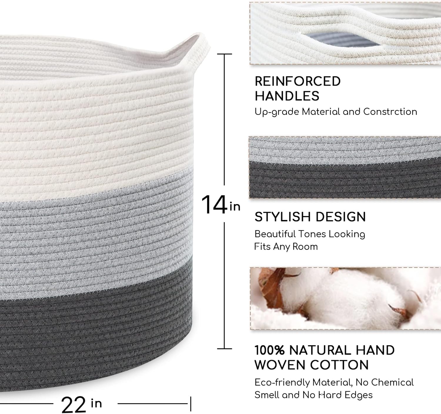 Large Cotton Woven Basket,22"x22"x14" Rope Basket