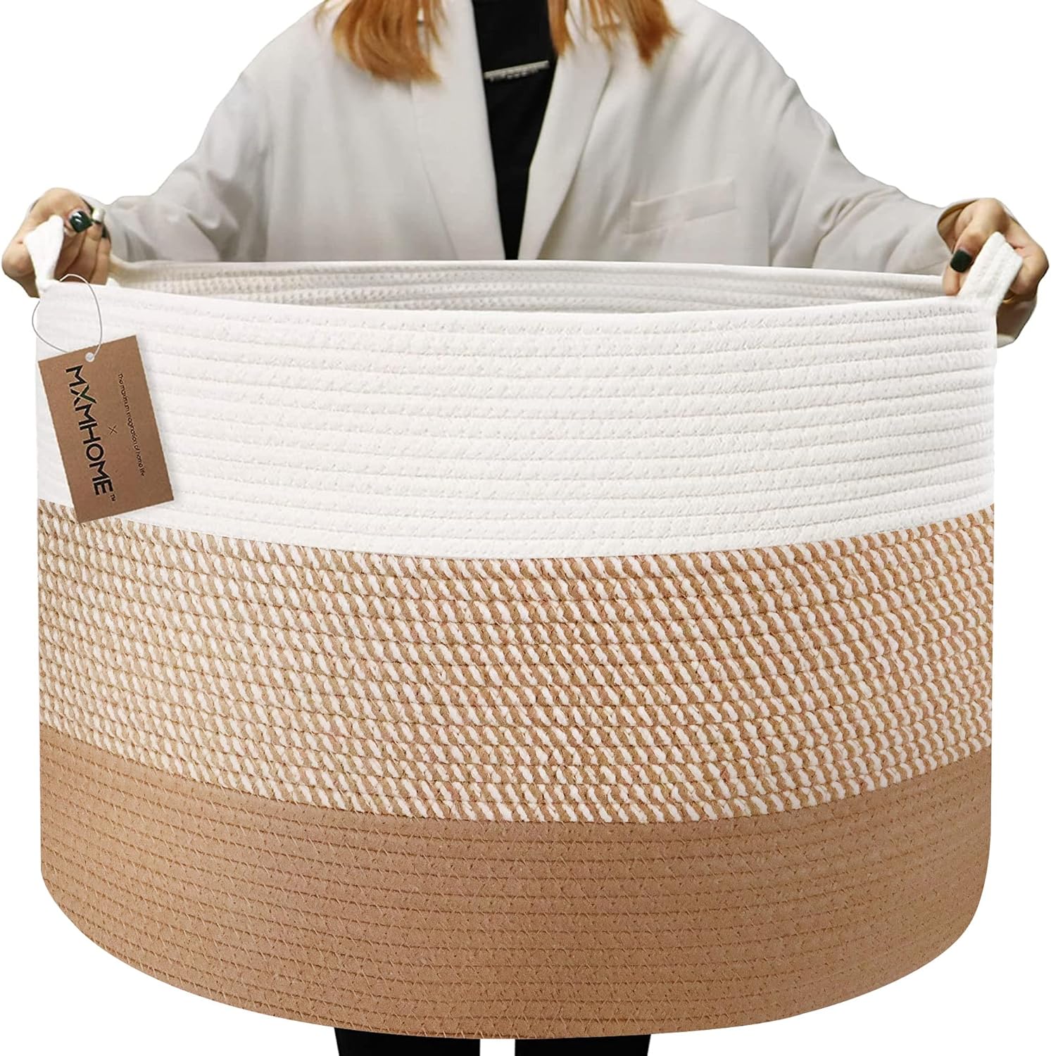 Large Cotton Woven Basket,22"x22"x14" Rope Basket (3-Toned Brown)