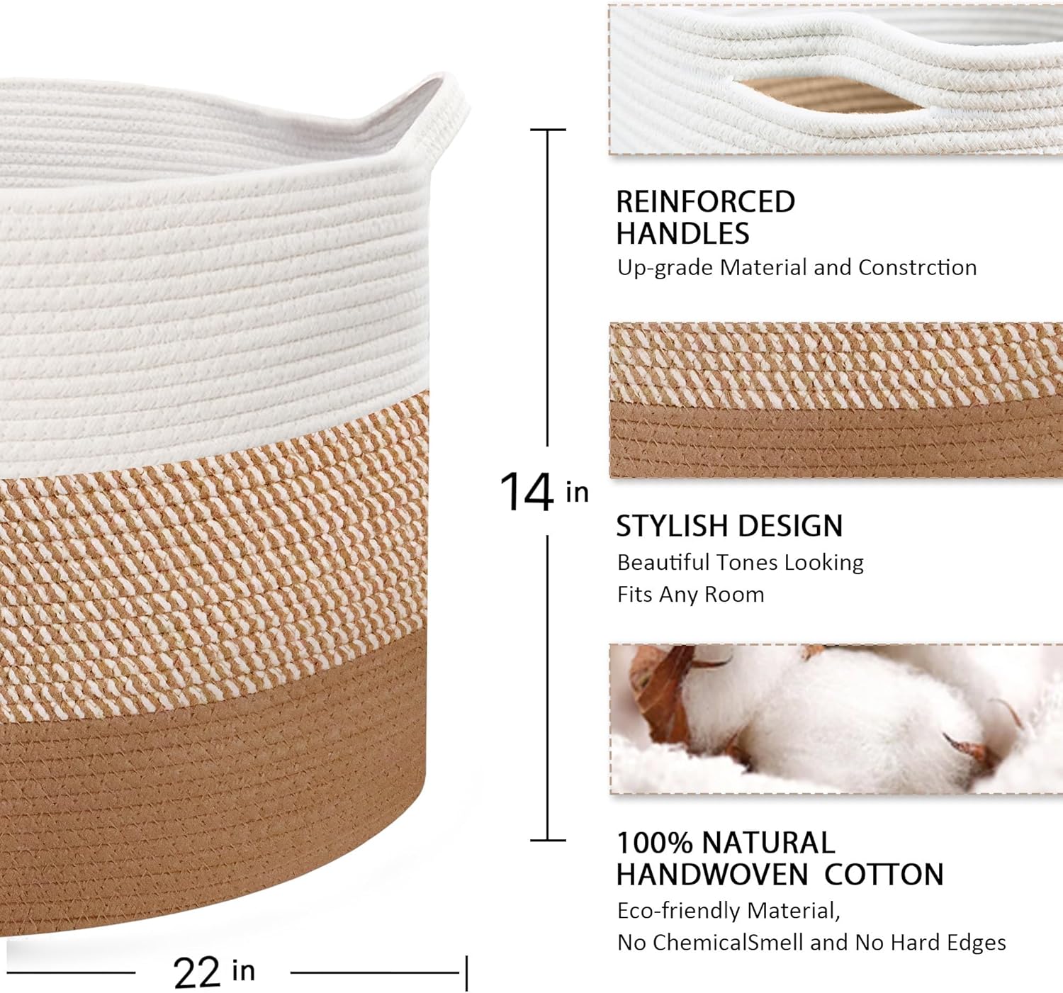 Large Cotton Woven Basket,22"x22"x14" Rope Basket (3-Toned Brown)