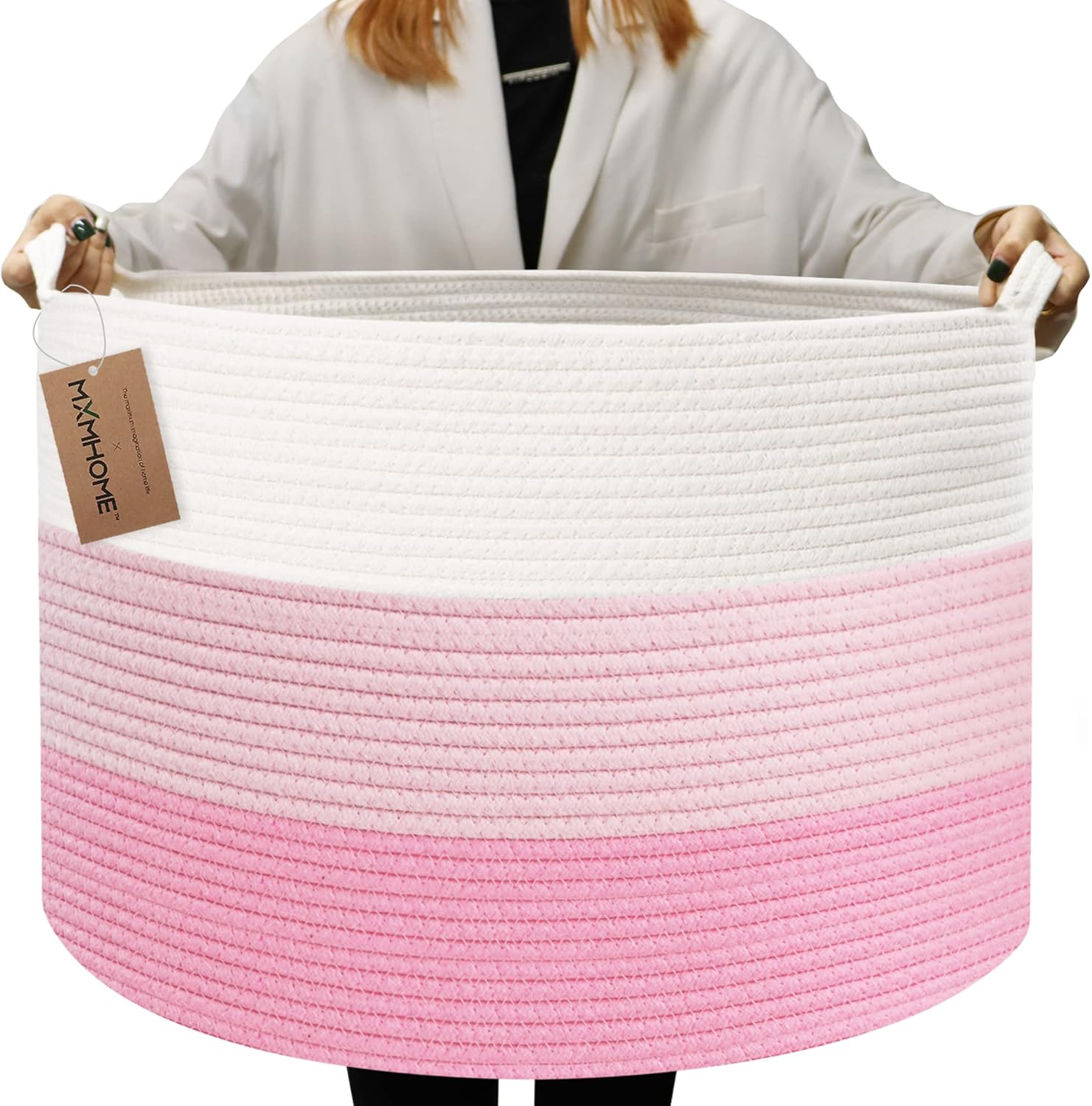 Large Cotton Woven Basket,22"x22"x14" Rope Basket (3-Toned Pink)