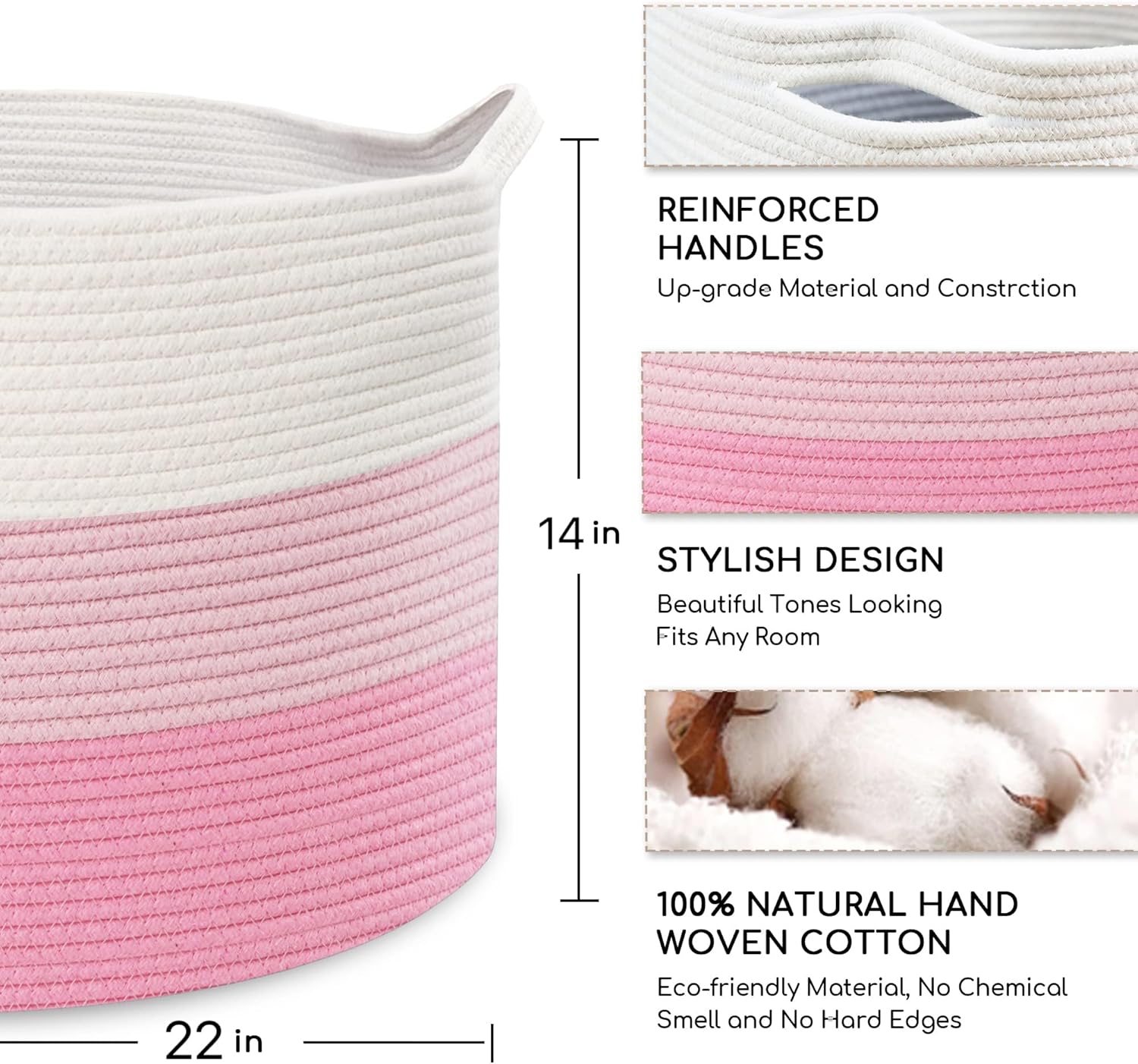 Large Cotton Woven Basket,22"x22"x14" Rope Basket (3-Toned Pink)