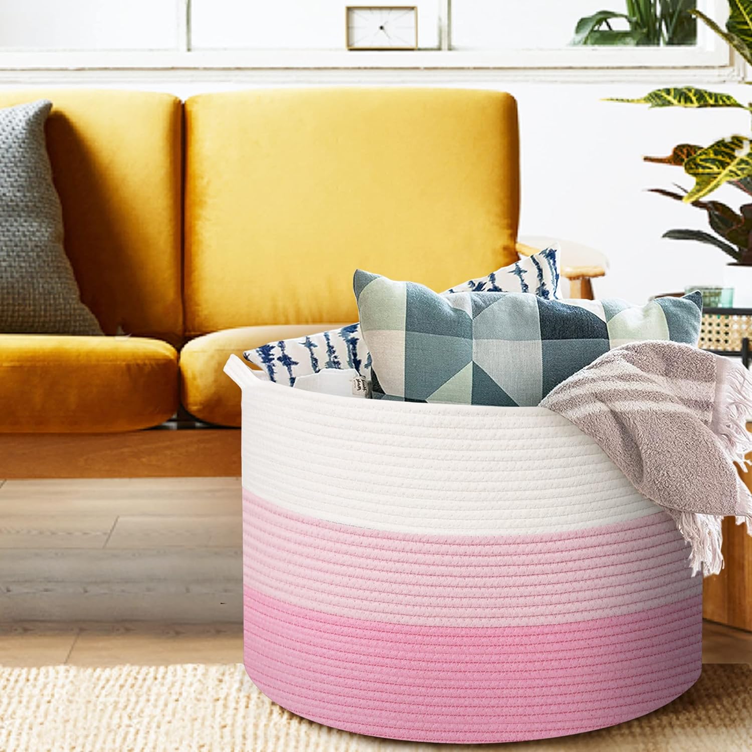 Large Cotton Woven Basket,22"x22"x14" Rope Basket (3-Toned Pink)