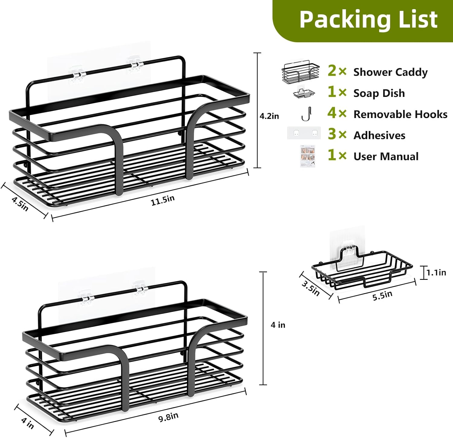 Shower Caddy, Adhesive Shower Organizer with Soap Dish and 4 Hooks