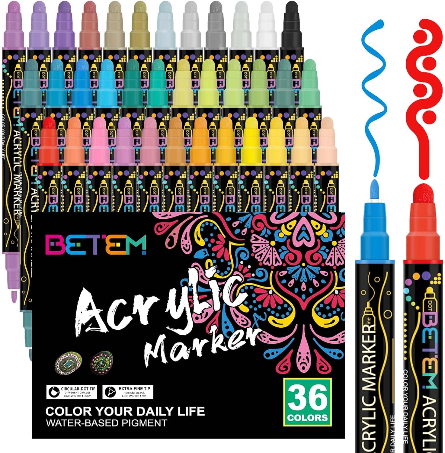 36 Colors Dual Tip Acrylic Paint Pens Markers, Premium Acrylic Paint Pens