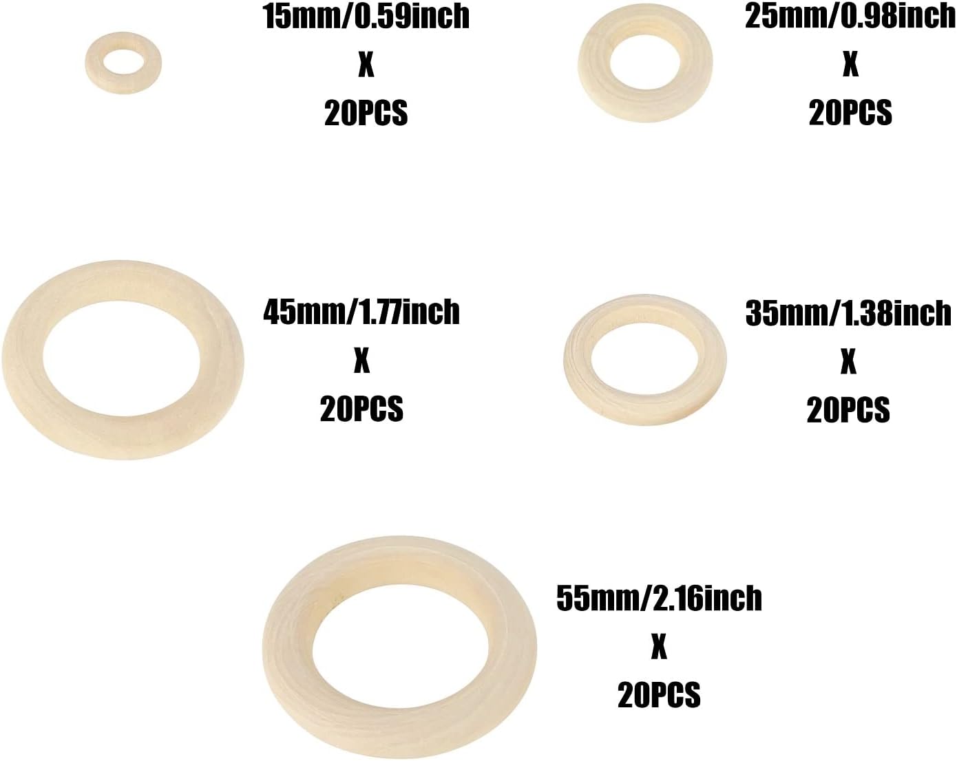 100 PCS Unfinished Natural Wooden Rings for Crafts, Wood Rings