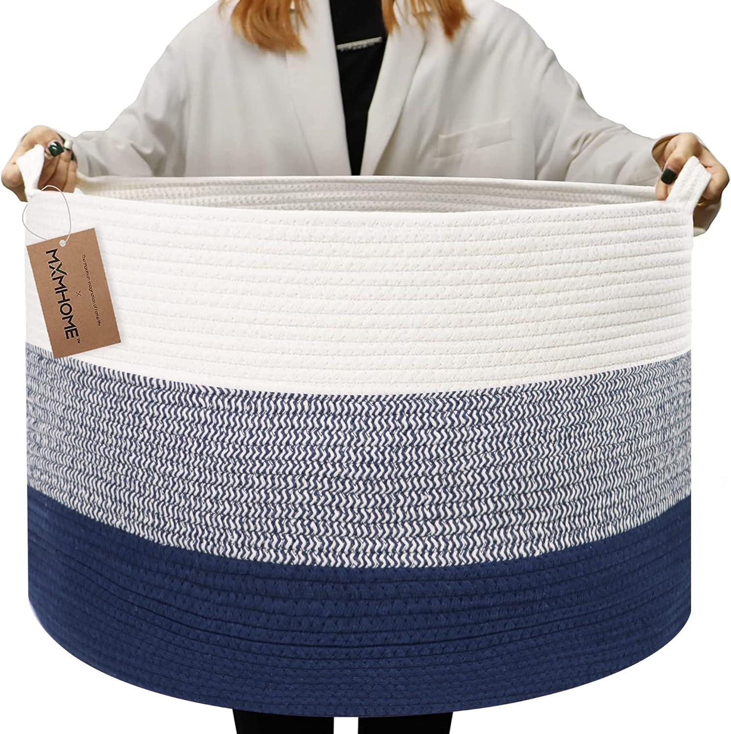 Large Cotton Woven Basket,22"x22"x14" Rope Basket (3-Toned Blue)