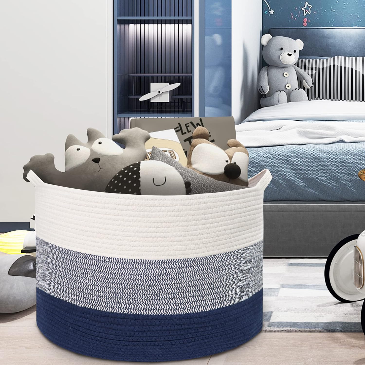 Large Cotton Woven Basket,22"x22"x14" Rope Basket (3-Toned Blue)
