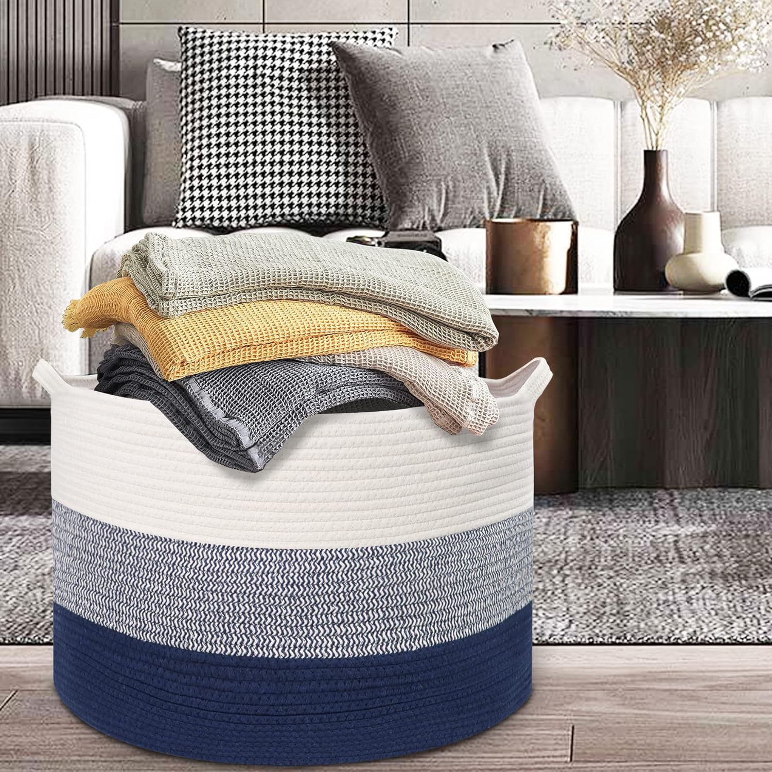 Large Cotton Woven Basket,22"x22"x14" Rope Basket (3-Toned Blue)