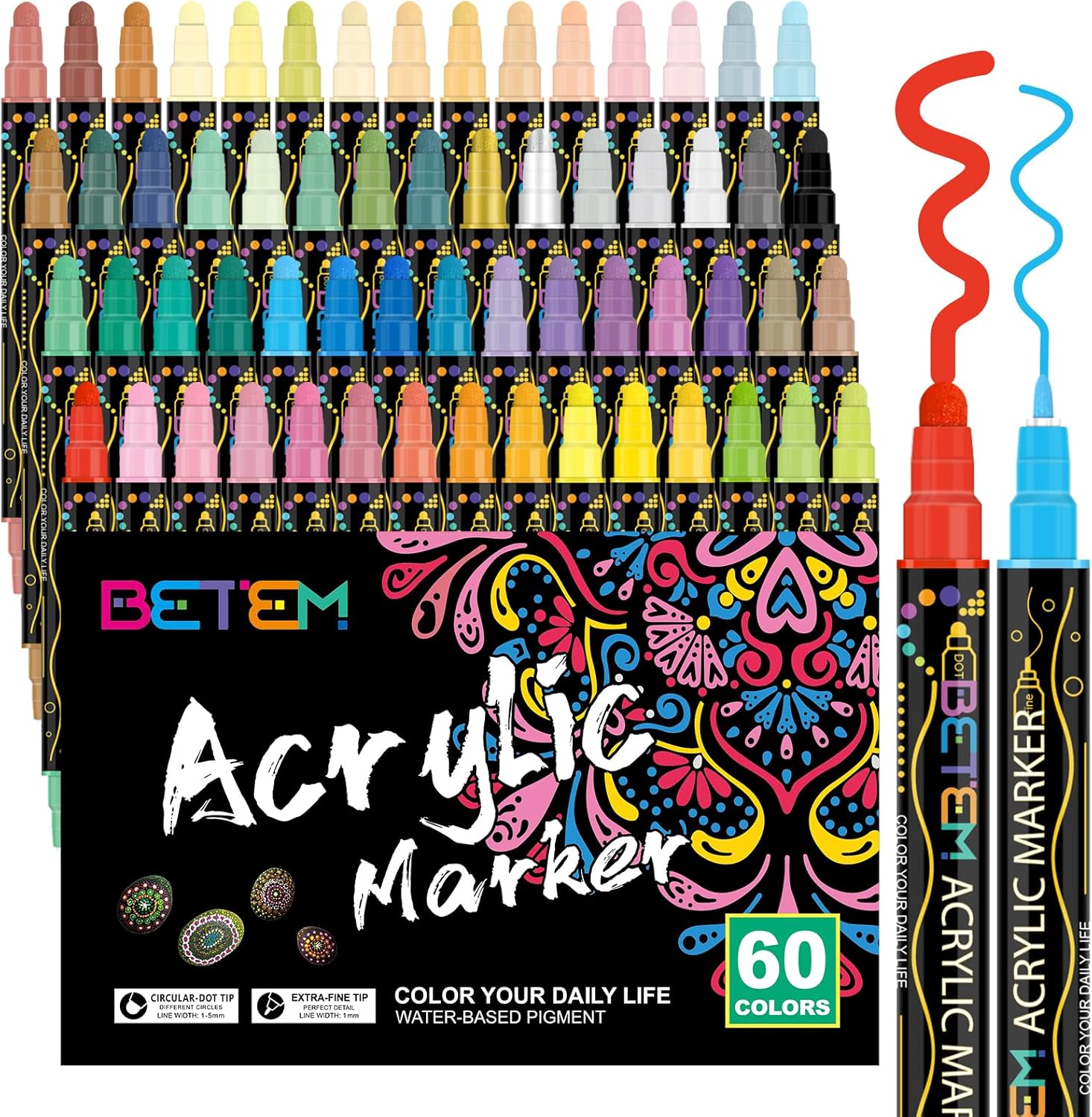 60 Colors Dual Tip Acrylic Paint Pens Markers, Premium Acrylic Paint Pens