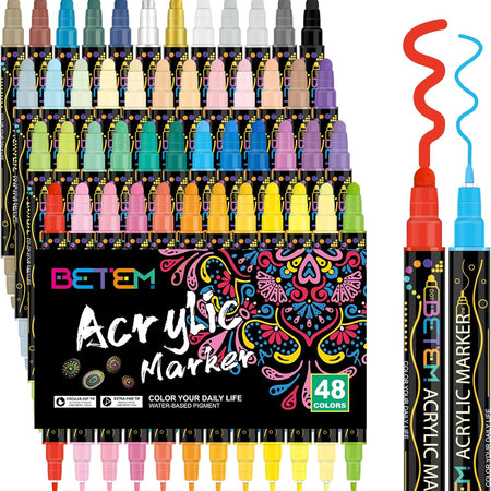 48 Colors Dual Tip Acrylic Paint Pens Markers, Premium Acrylic Paint Pens