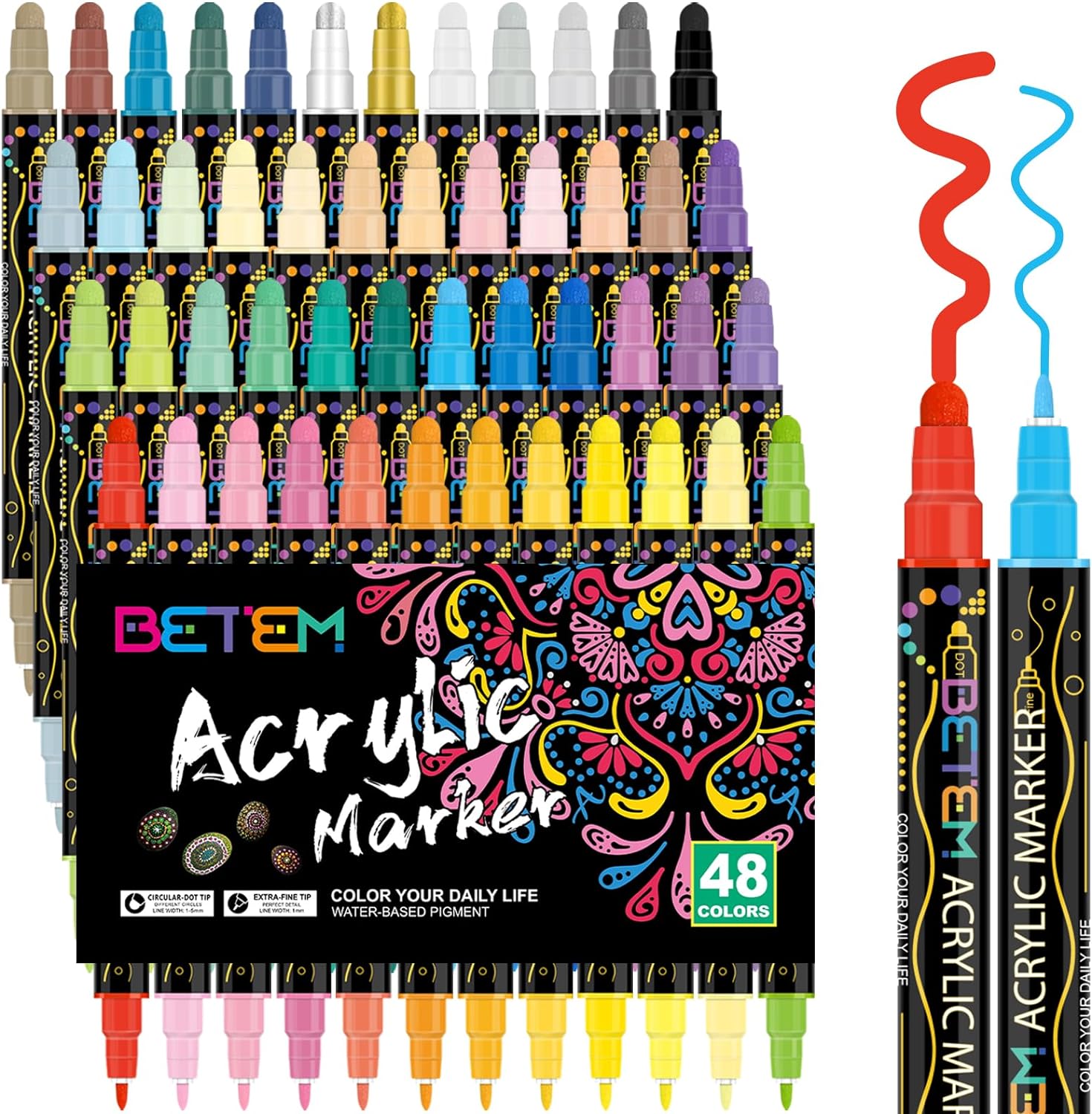 48 Colors Dual Tip Acrylic Paint Pens Markers, Premium Acrylic Paint Pens