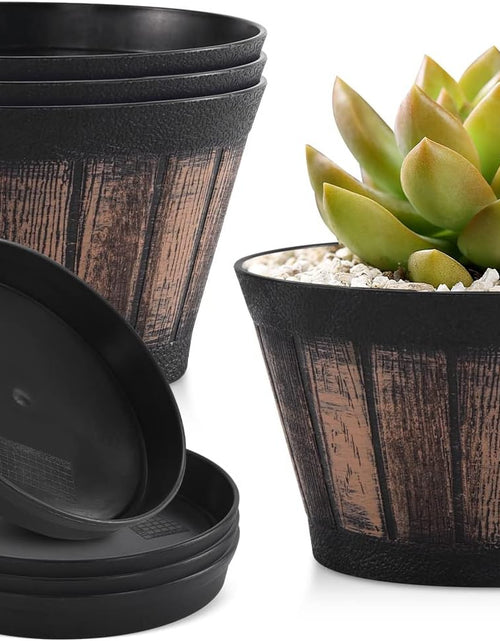 Load image into Gallery viewer, 6 inch Brown Barrel Planters with Drainage Holes &amp; Saucer, Set of 4 Indoor &amp; Outdoor Garden Home Plants
