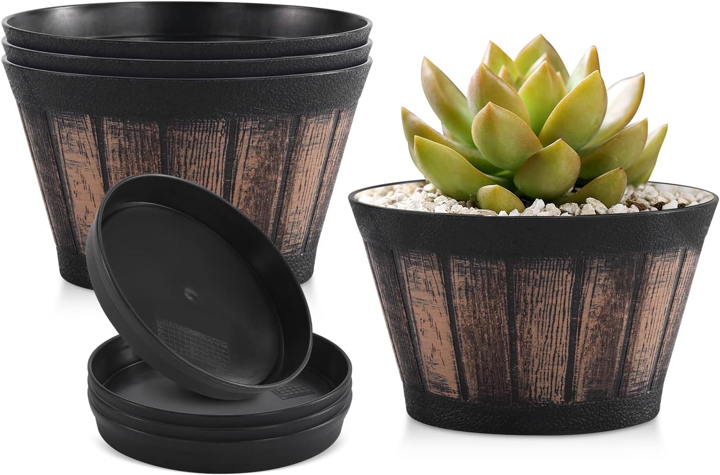 6 inch Brown Barrel Planters with Drainage Holes & Saucer, Set of 4 Indoor & Outdoor Garden Home Plants