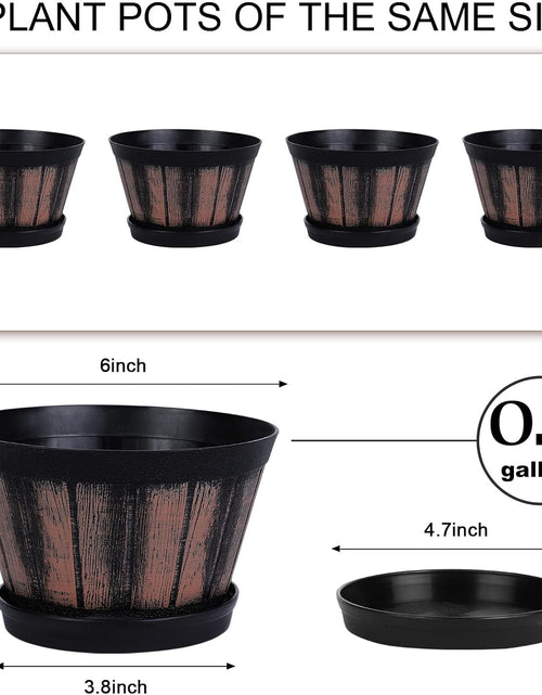 Load image into Gallery viewer, 6 inch Brown Barrel Planters with Drainage Holes &amp; Saucer, Set of 4 Indoor &amp; Outdoor Garden Home Plants

