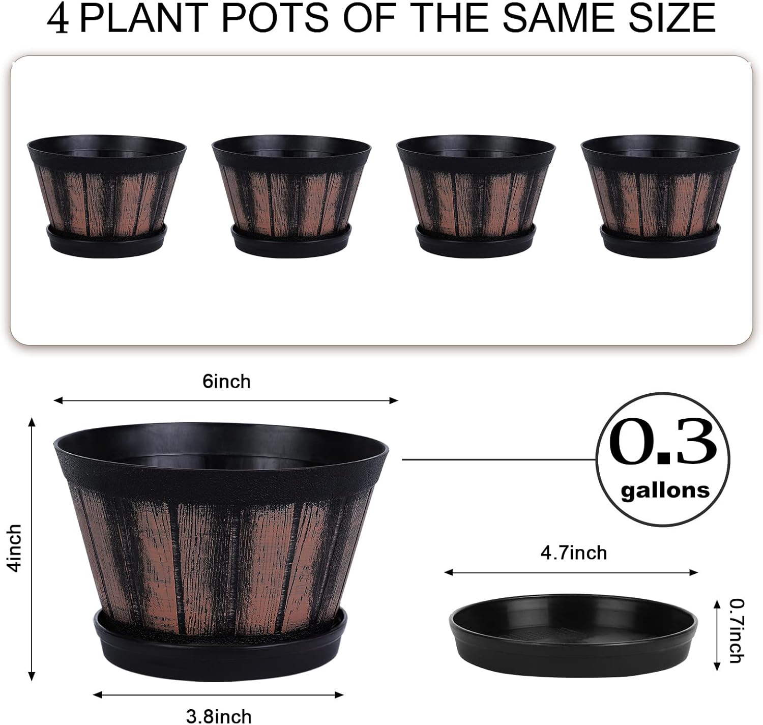6 inch Brown Barrel Planters with Drainage Holes & Saucer, Set of 4 Indoor & Outdoor Garden Home Plants