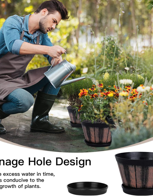 Load image into Gallery viewer, 6 inch Brown Barrel Planters with Drainage Holes &amp; Saucer, Set of 4 Indoor &amp; Outdoor Garden Home Plants
