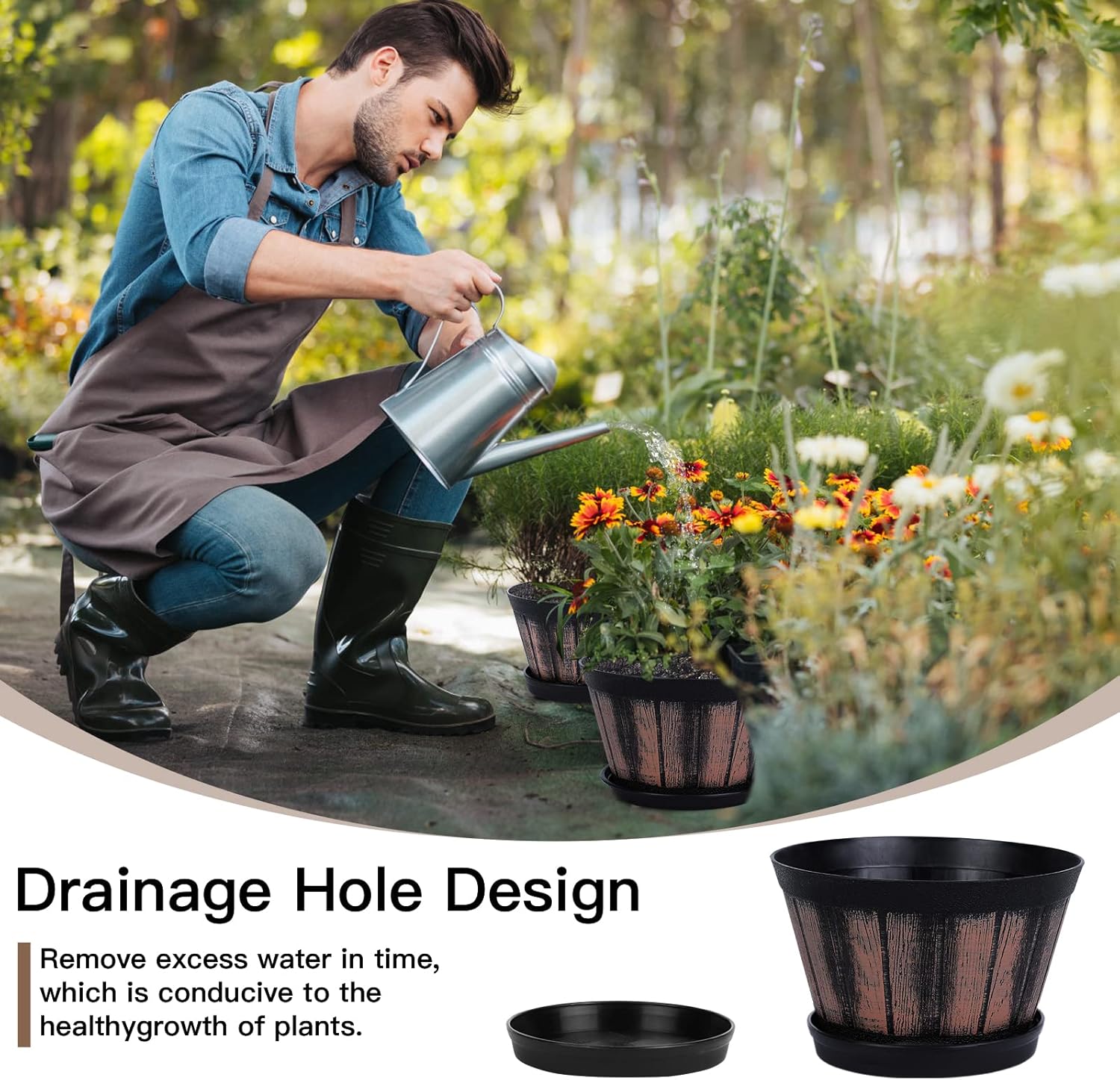 6 inch Brown Barrel Planters with Drainage Holes & Saucer, Set of 4 Indoor & Outdoor Garden Home Plants