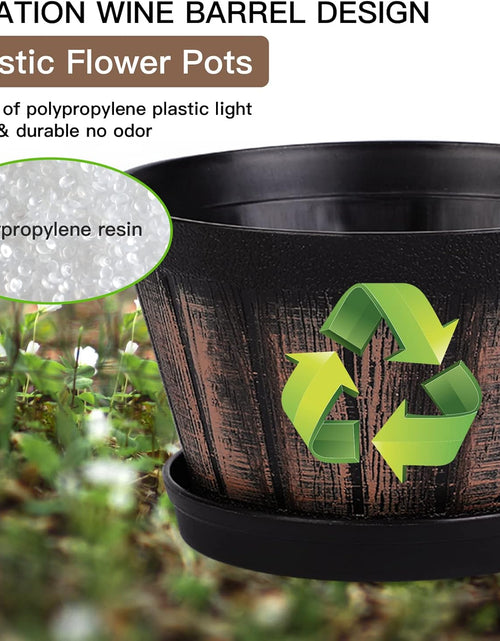 Load image into Gallery viewer, 6 inch Brown Barrel Planters with Drainage Holes &amp; Saucer, Set of 4 Indoor &amp; Outdoor Garden Home Plants

