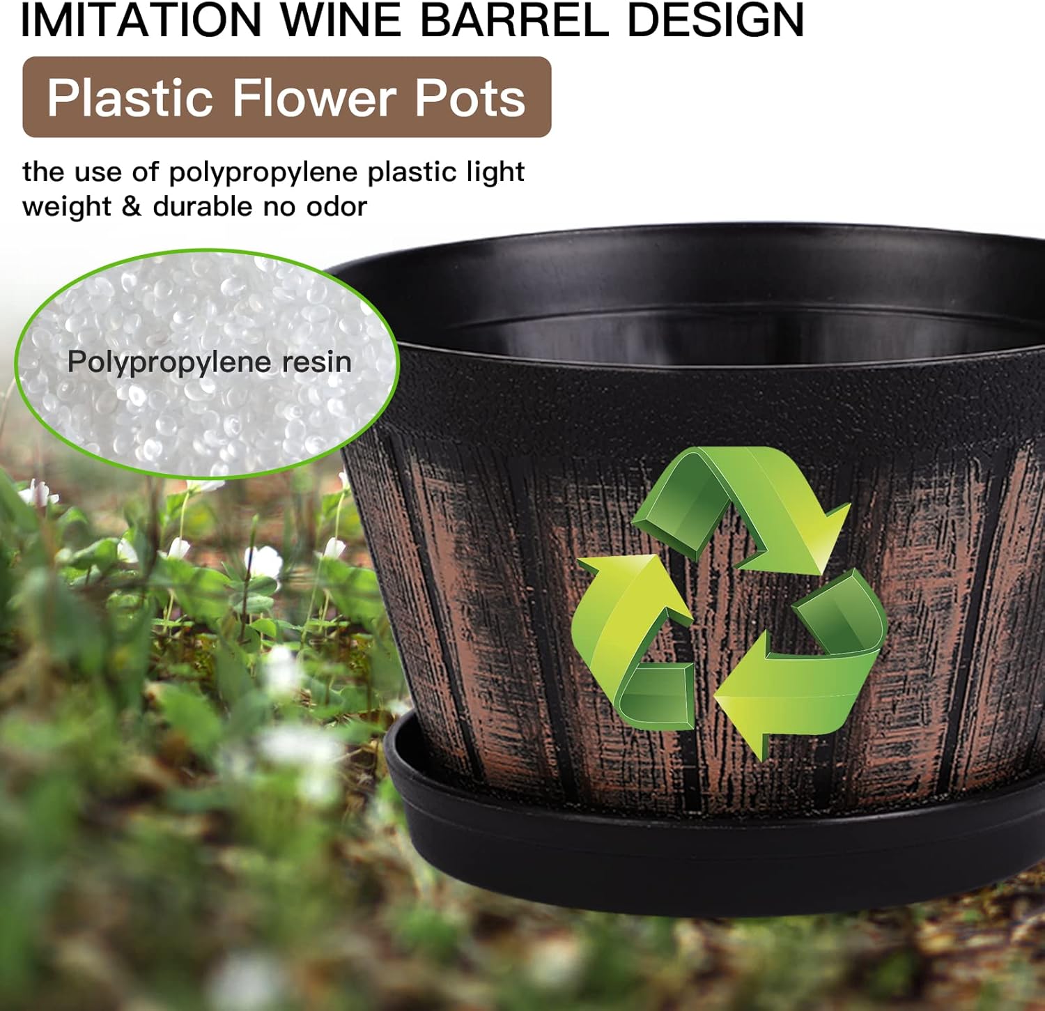 6 inch Brown Barrel Planters with Drainage Holes & Saucer, Set of 4 Indoor & Outdoor Garden Home Plants