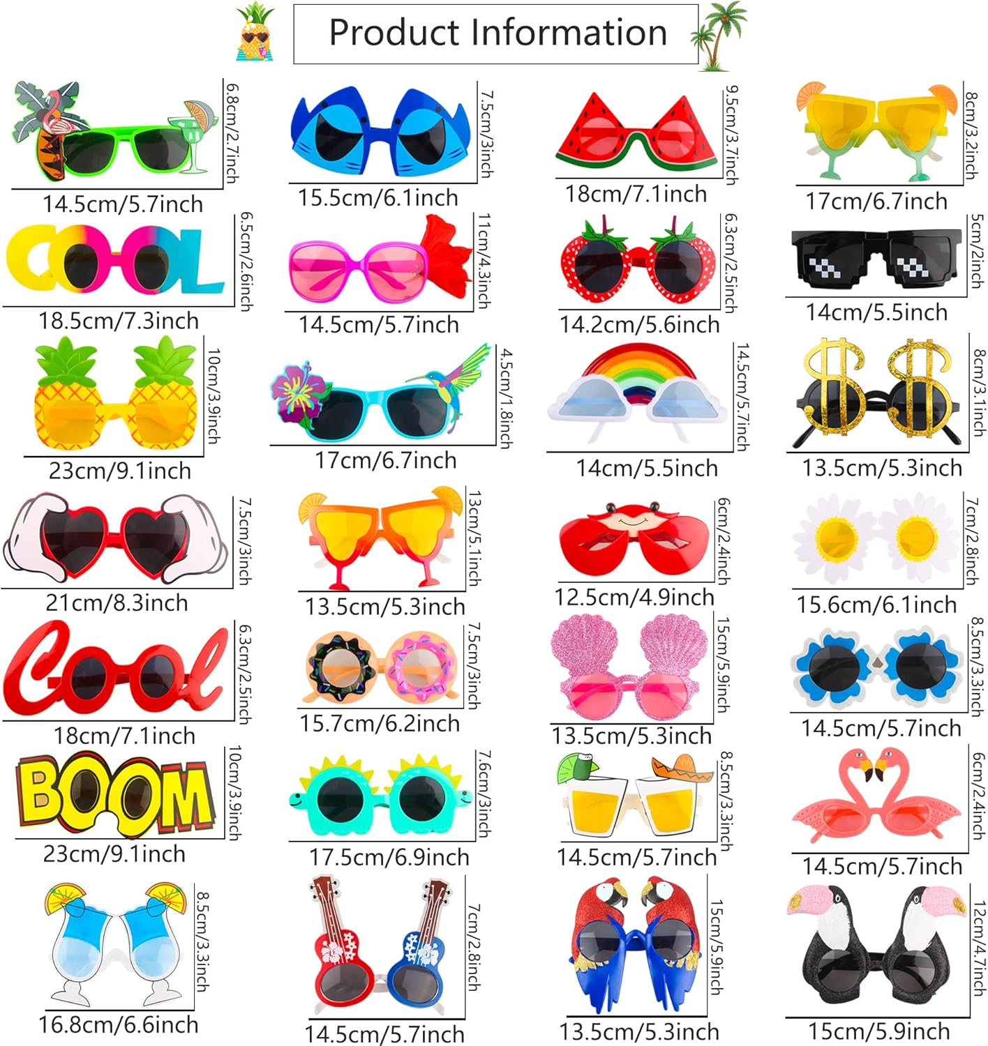 9 Pairs Funny Hawaiian Glasses, Tropical Fancy Dress Props, Fun Summer  28 Pair Novelty Hawaiian Sunglasses Funny Plastic Tropical Luau Party Sunglasses for Summer