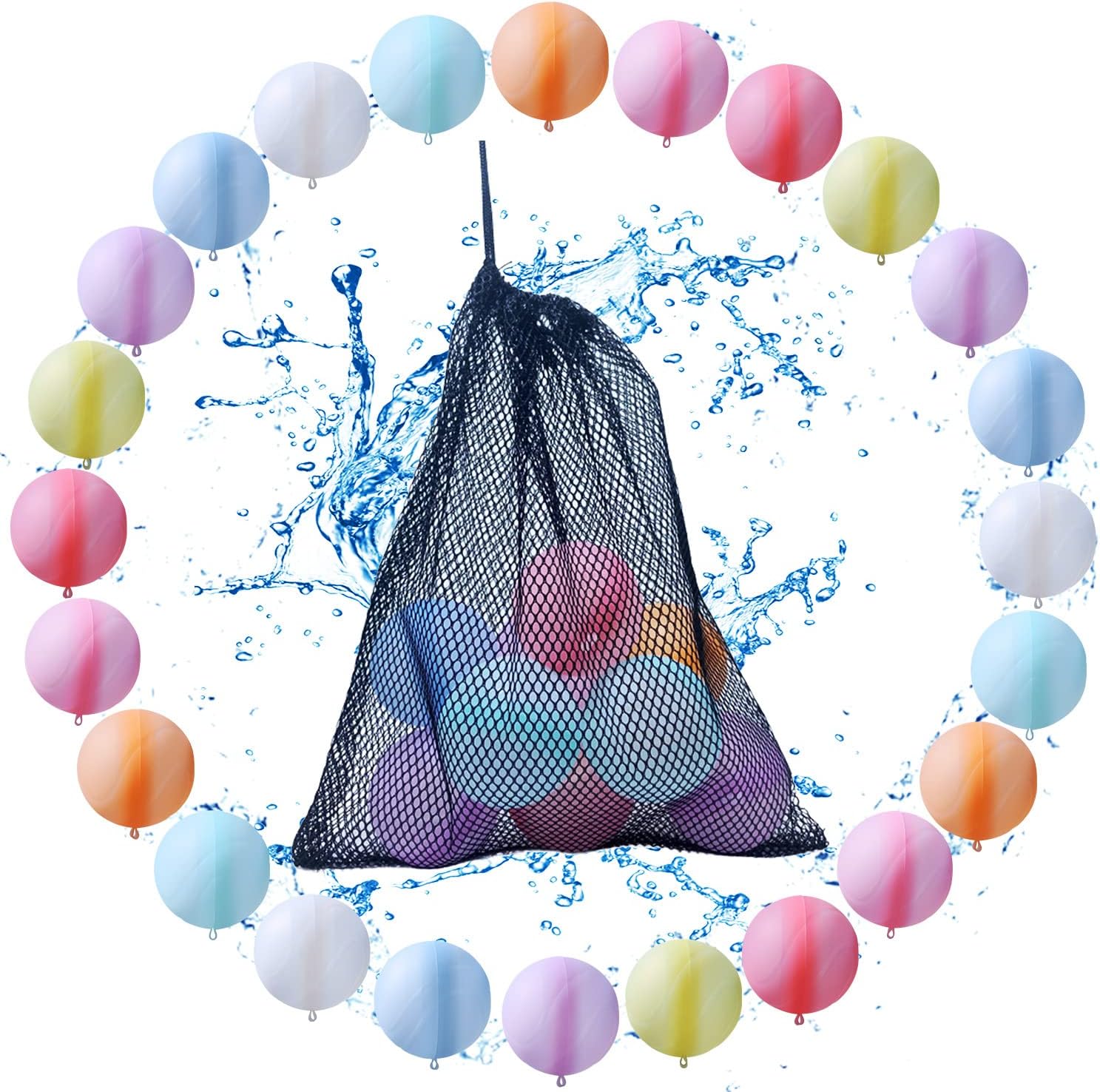 Reusable Water Balloons Water Balls Latex-Free with Portable Mesh Bag Summer (24 Pack)