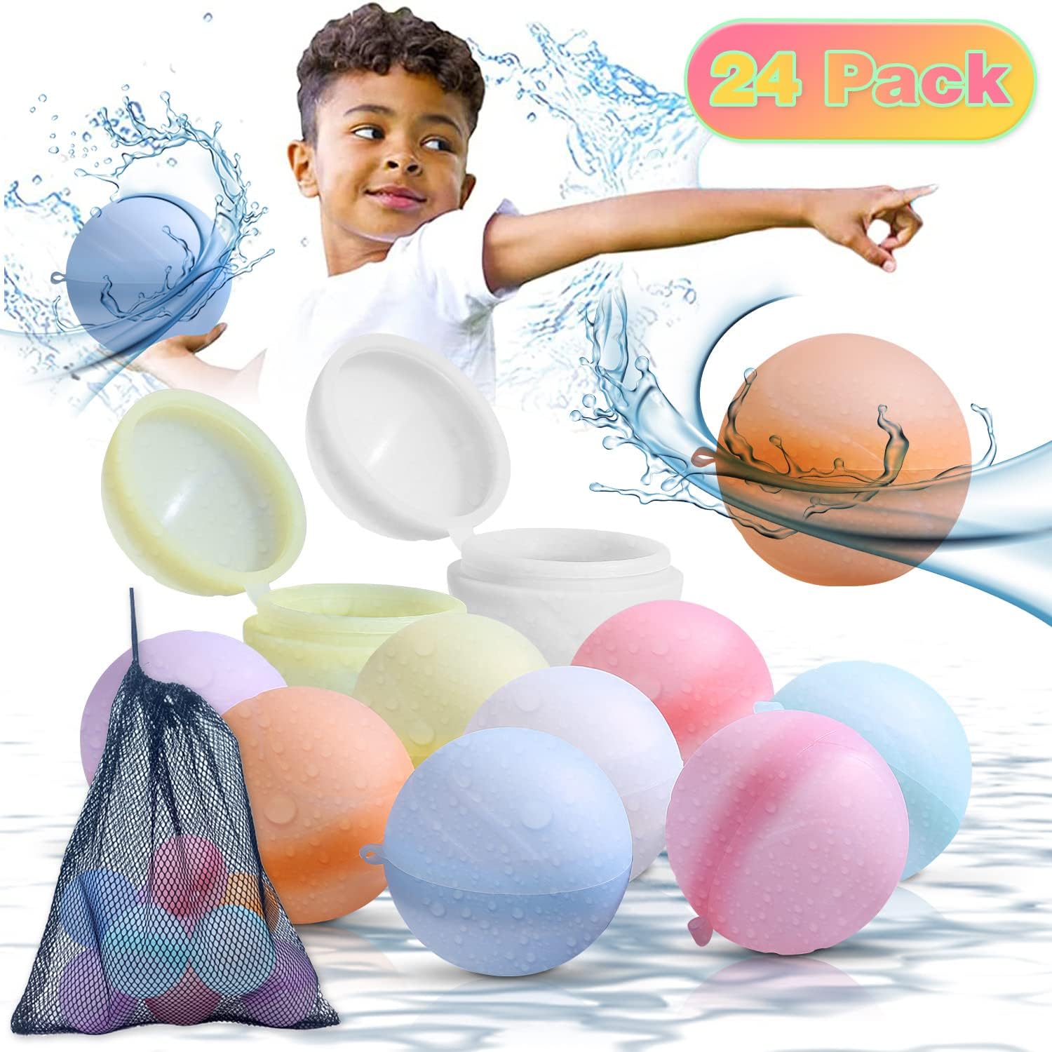 Reusable Water Balloons Water Balls Latex-Free with Portable Mesh Bag Summer (24 Pack)