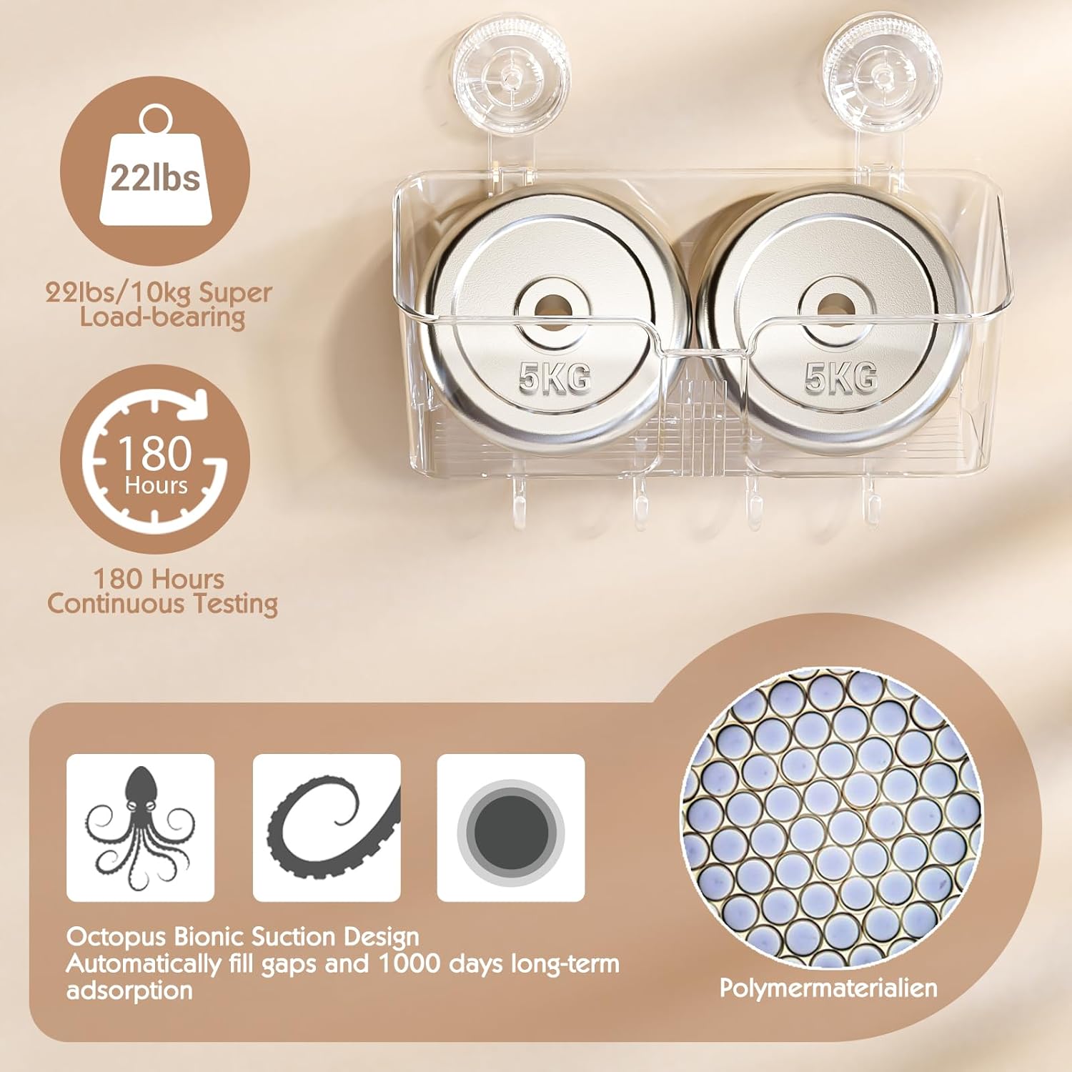 Clear Shower Caddy Suction Cup, No Drilling Removable Shower Shelf | Max Hold 22lbs