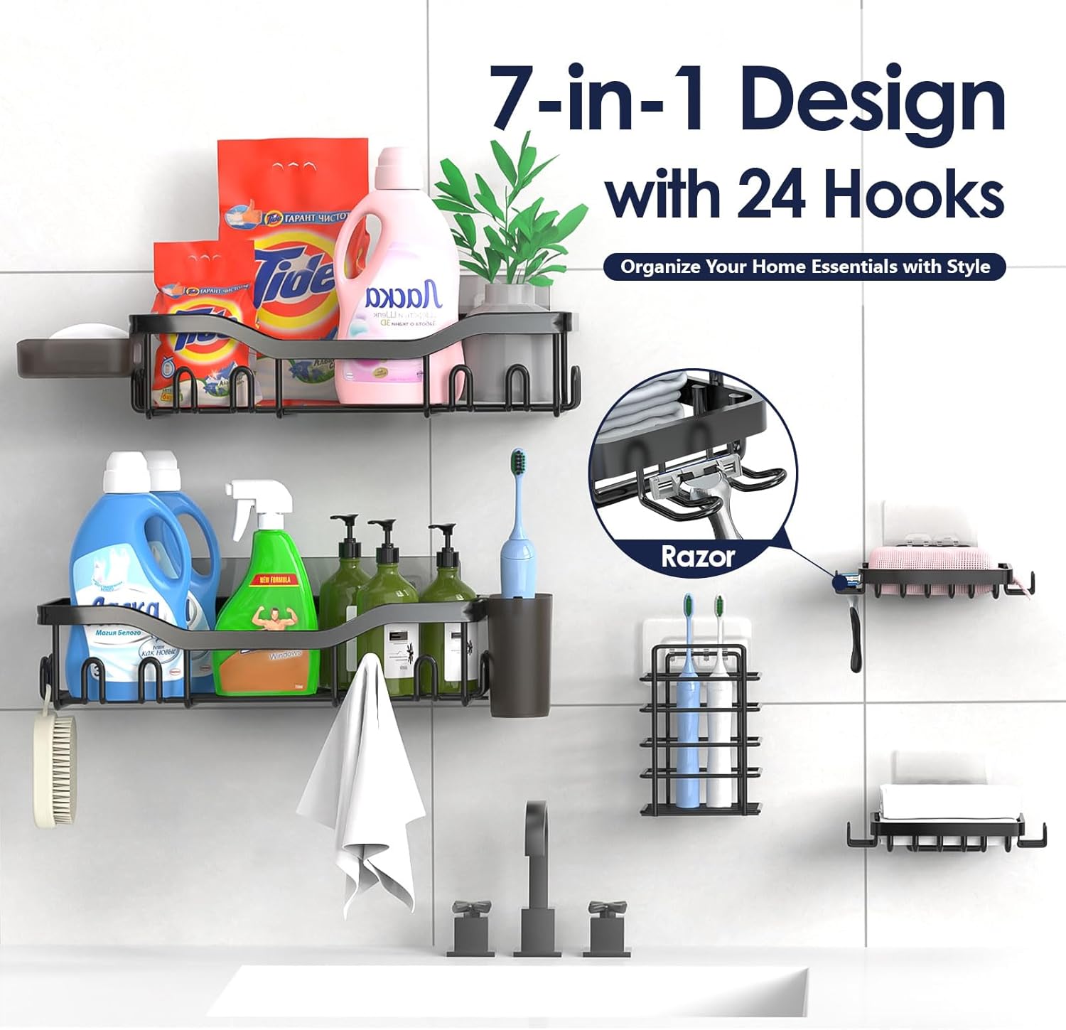 Shower Caddy Adhesive Shower Organizer 7-Pack, Rustproof