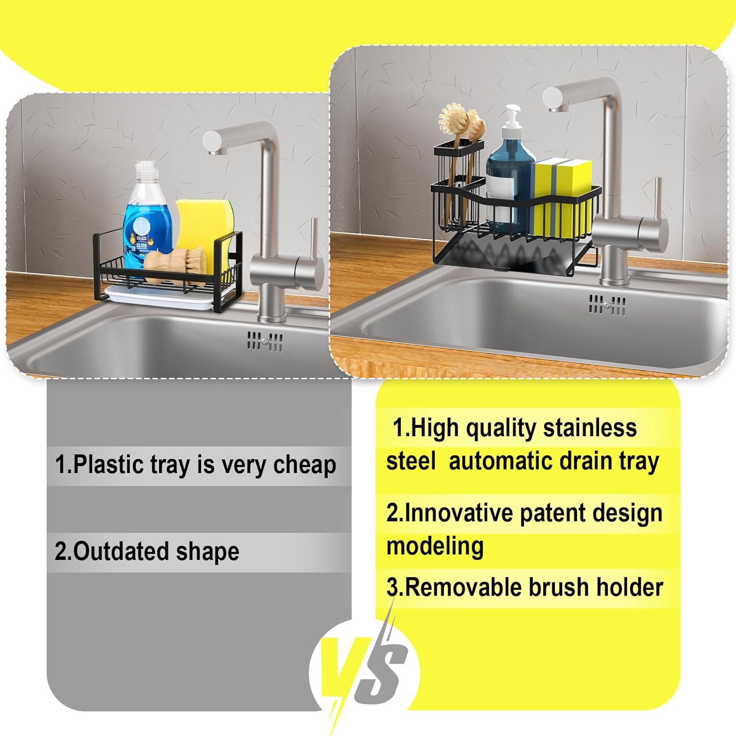 Sink Caddy Sponge Holder for Kitchen Sink with Brush Holder