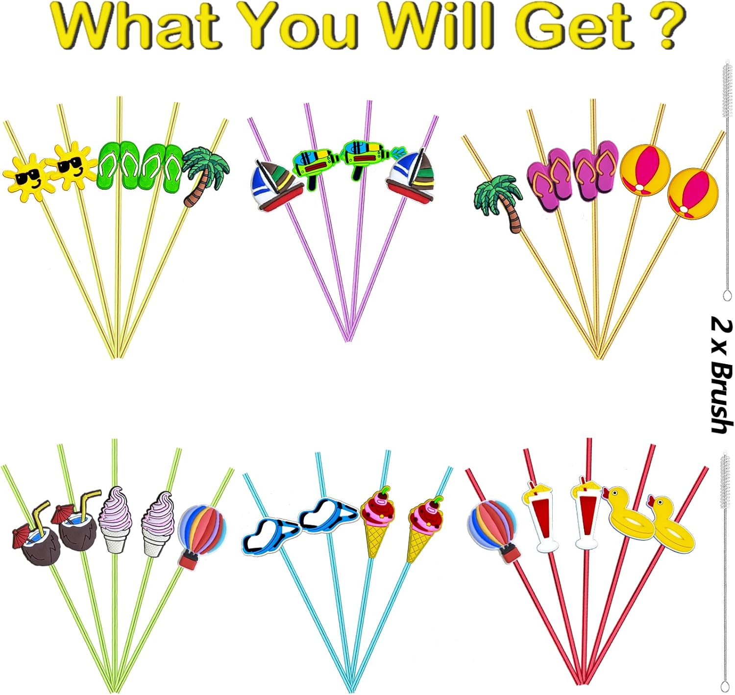 28pcs Pool Party Themed Reusable Crazy straws，Summer Beach Party With 2 Cleaning Brushes