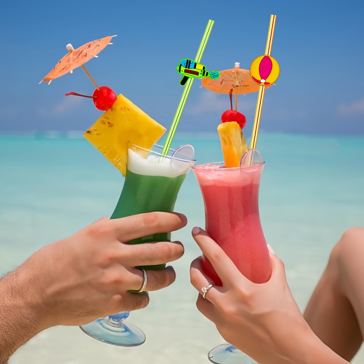 28pcs Pool Party Themed Reusable Crazy straws，Summer Beach Party With 2 Cleaning Brushes