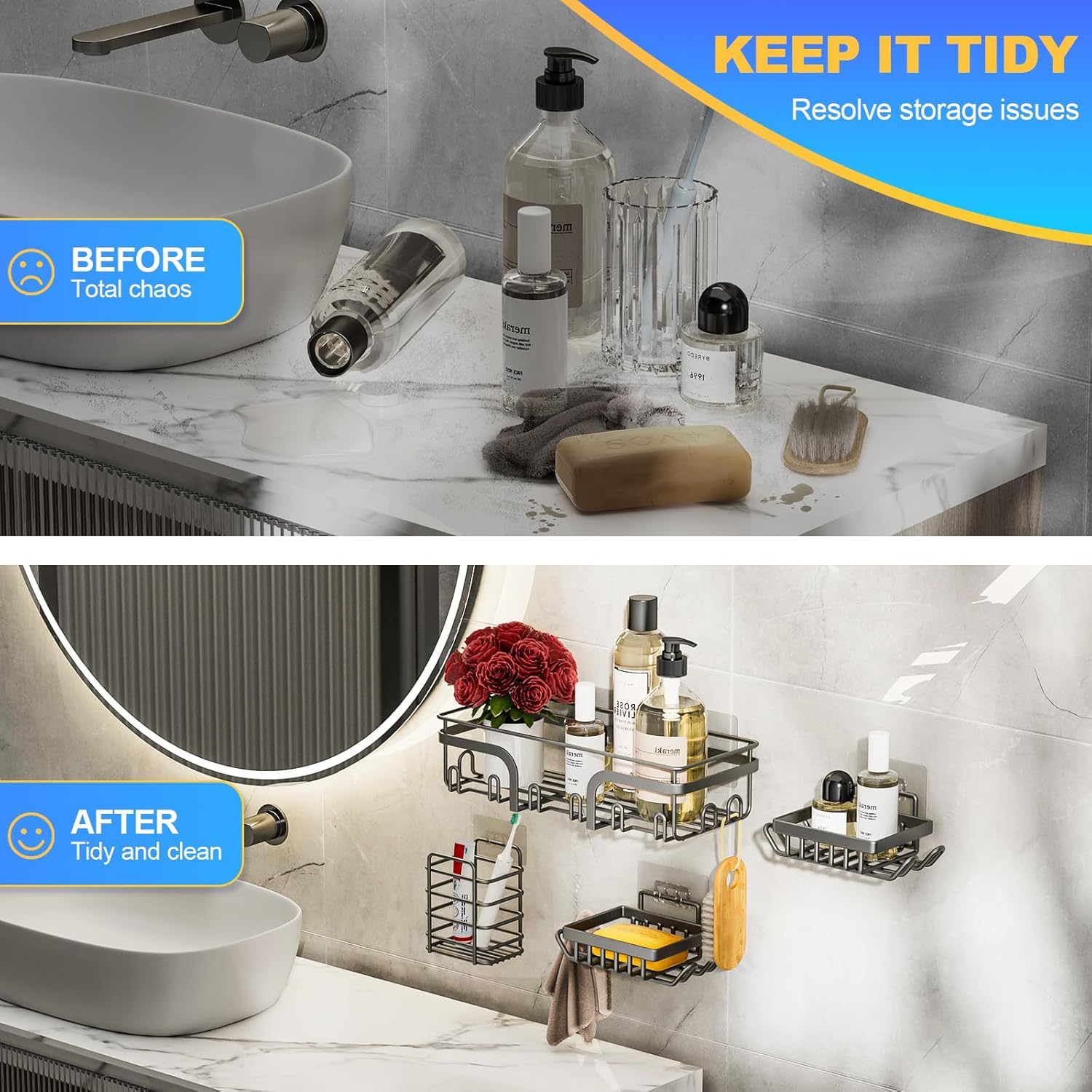 5 Pack No Drilling Shelves, Rustproof Stainless Steel Bath Organizers, Large Capacity
